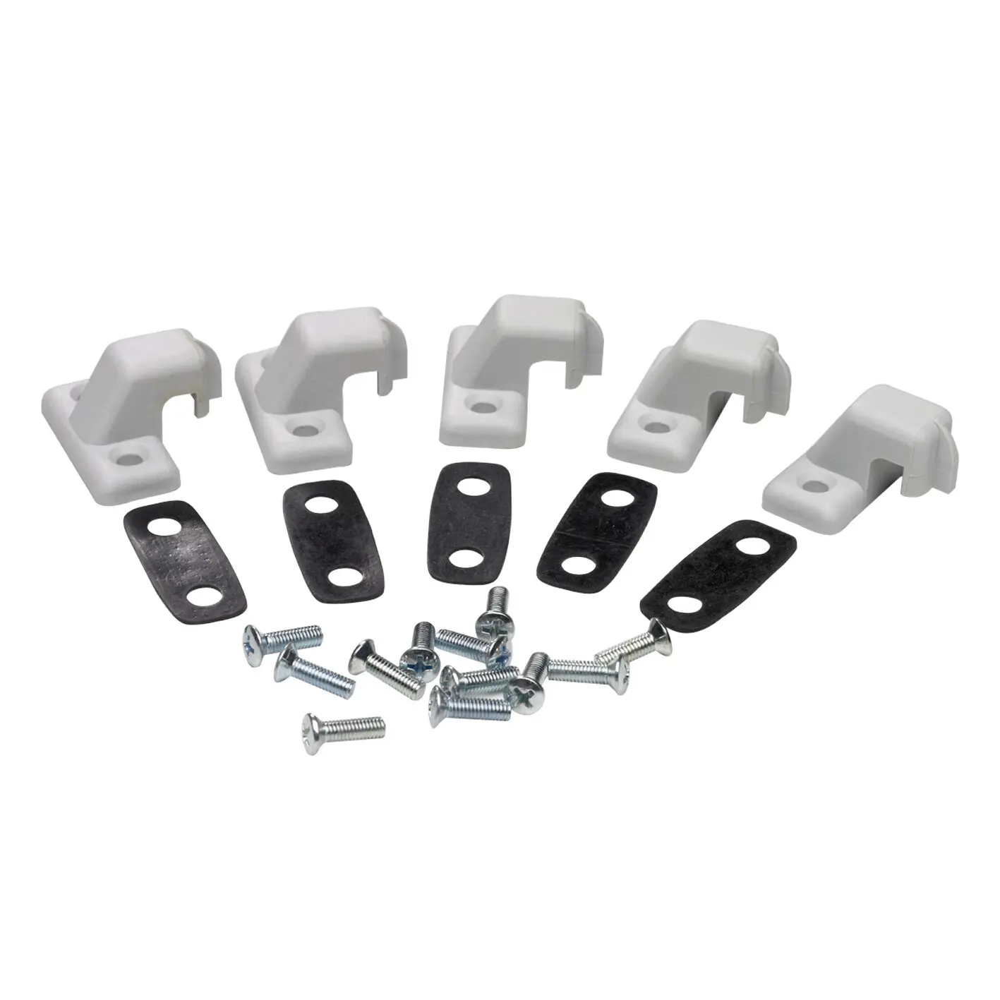 Set aus fünf weißen Kunststoff-Festriegel-Haltern für Fixfenster S6/P6, dazu schwarze Metallplättchen mit zwei Löchern und Schrauben