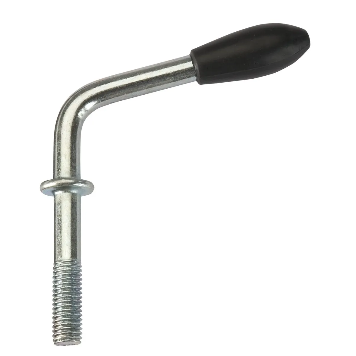 Verzinkter Knebel für Klemmhalter mit abgewinkeltem Metallstift, Außengewinde, Anschlagring und schwarzem Kunststoffgriff