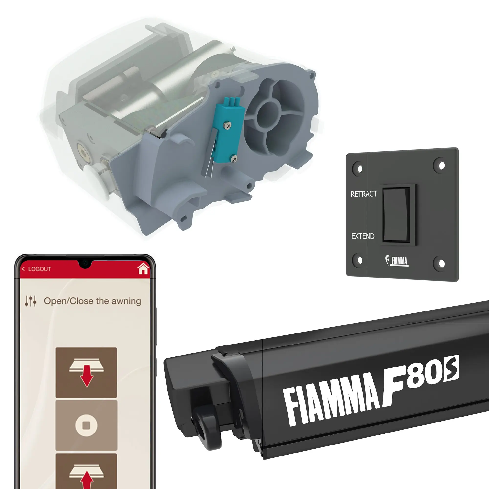 Schwarzes Fiamma Motor Kit Advanced F80s mit Motor, Wandschalter, Smartphone-Steuerung und Markisenprofil in Detailansicht