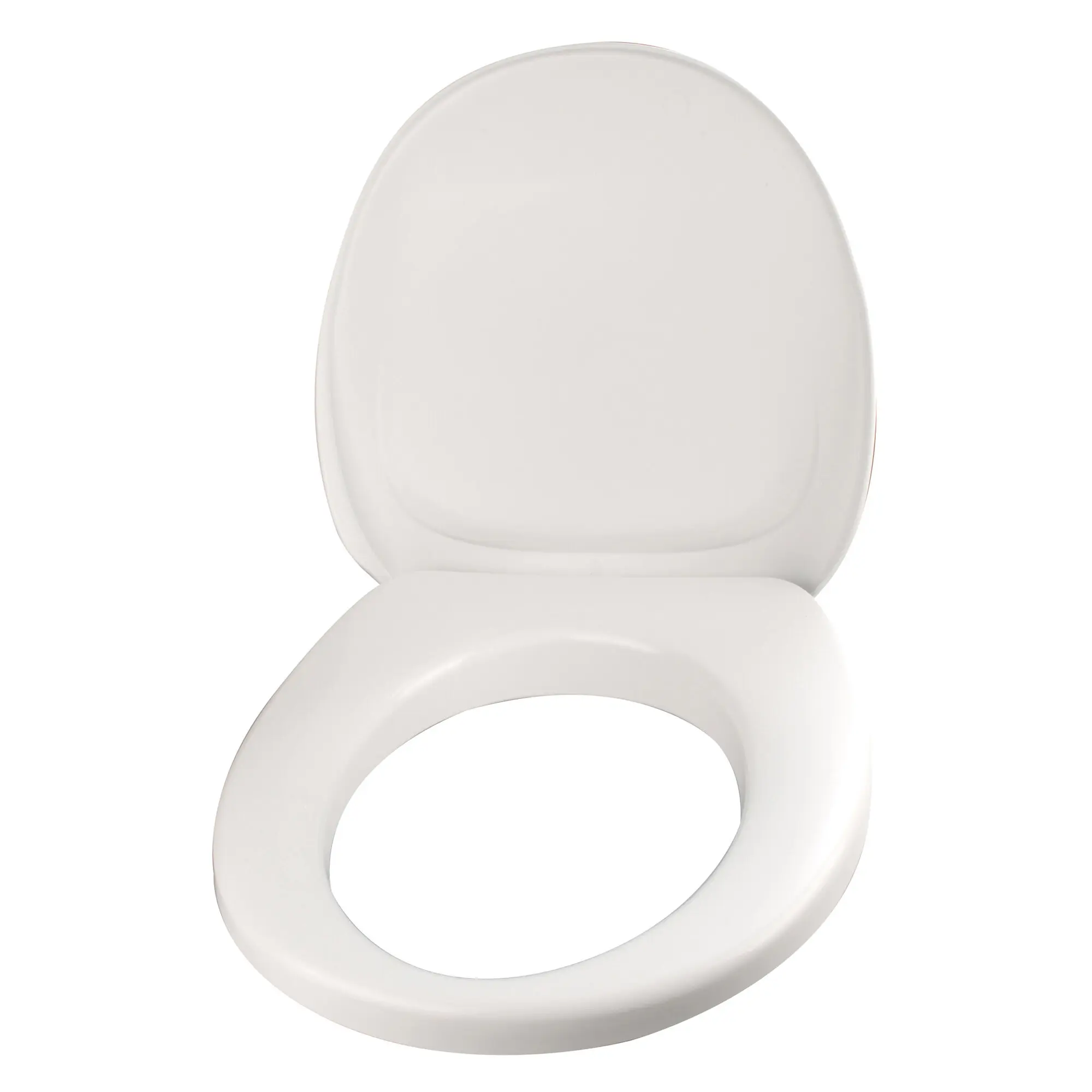 Weißer ovaler Toilettensitz mit Deckel, glatte Kunststoffoberfläche, Nahaufnahme der Sanitärkomponente