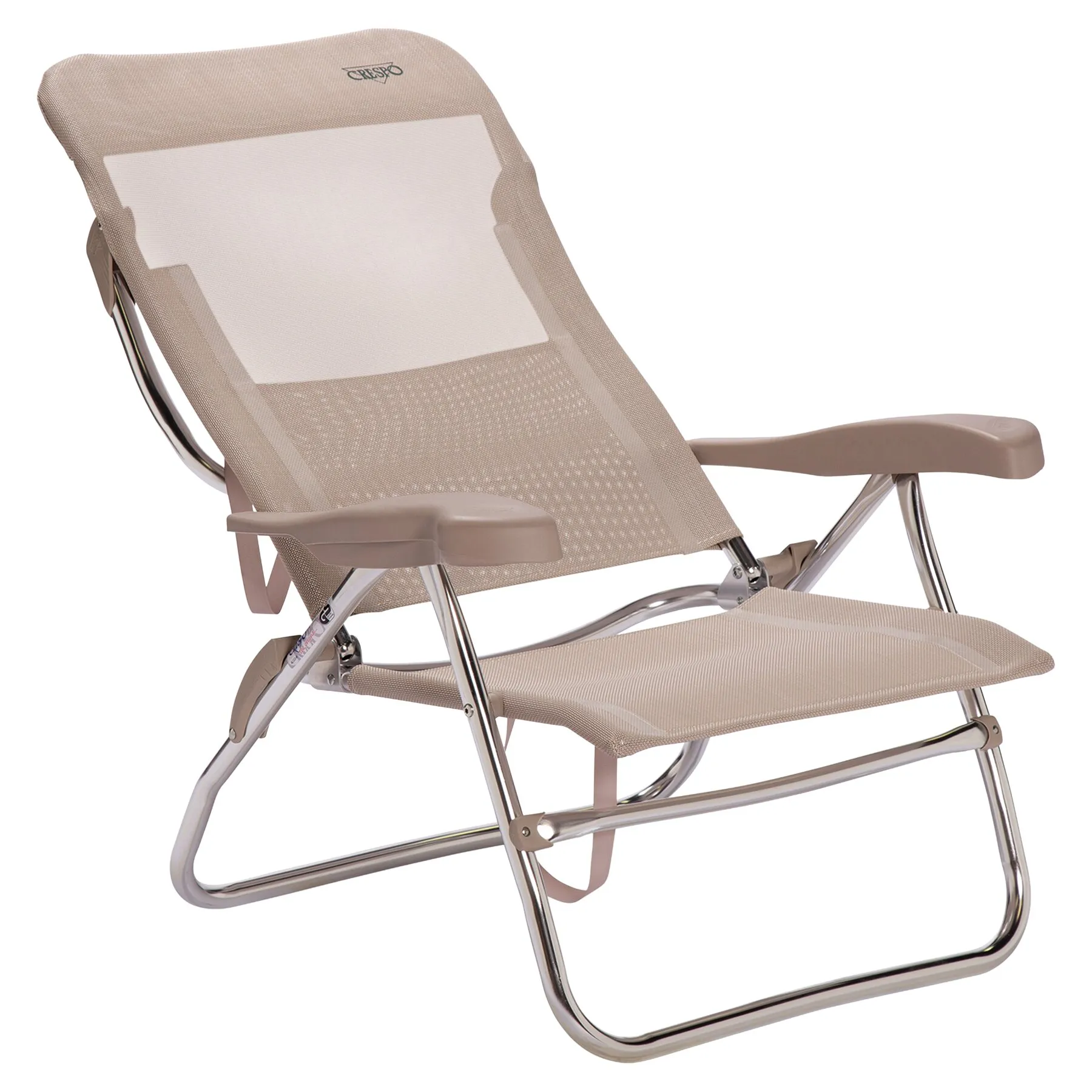 Beiger Strandstuhl AL/223 Classic mit Mesh-Gewebe, verstellbarer Rückenlehne, Chrome-Rahmen, Armlehnen und sichtbarer weißer Rückenauflage