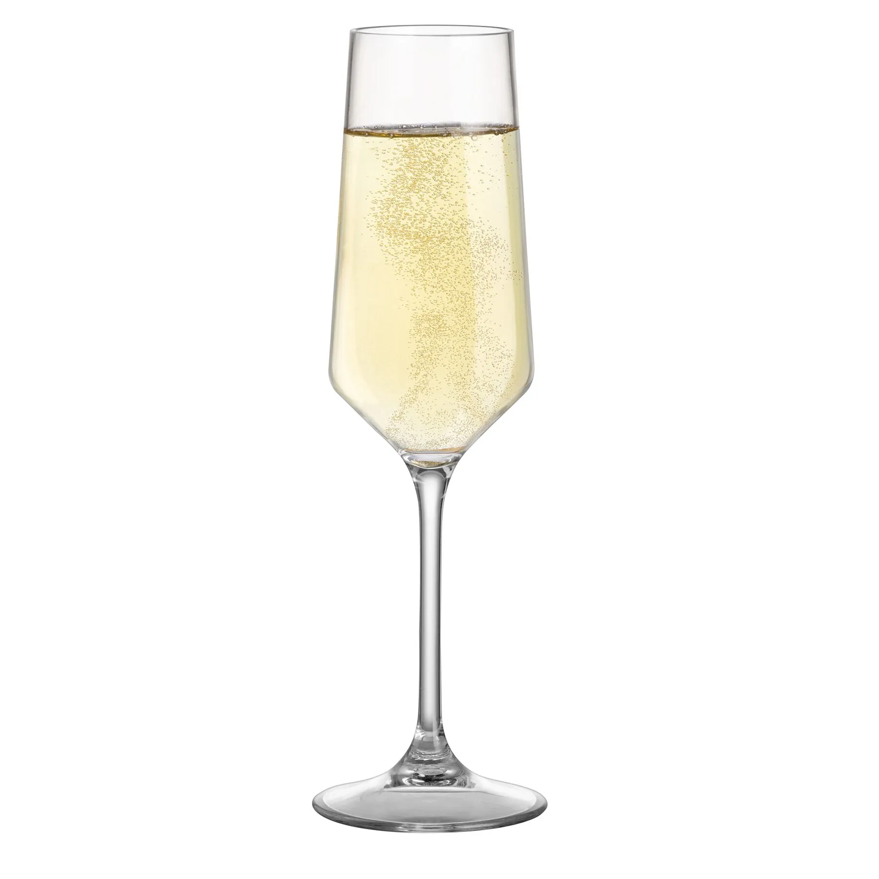 Sektglas Riserva aus transparentem Glas mit langem Stiel, gefüllt mit perlendem hellgelbem Sekt