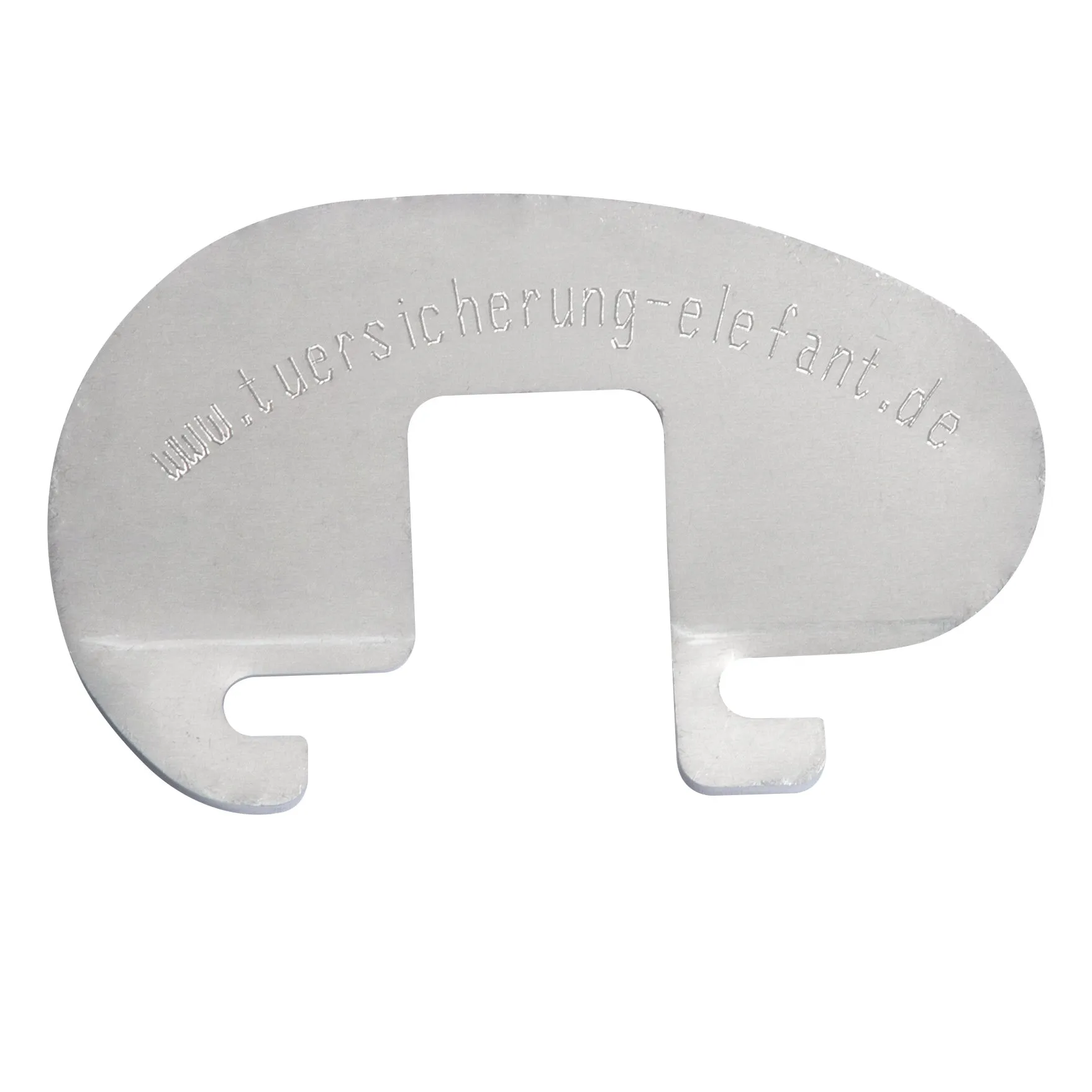 Silberne Türsicherung Elefant 6 aus Metall mit zentraler Aussparung und zwei seitlichen Einhaklaschen, beschriftet mit TÜV-Sicherung-Element.de