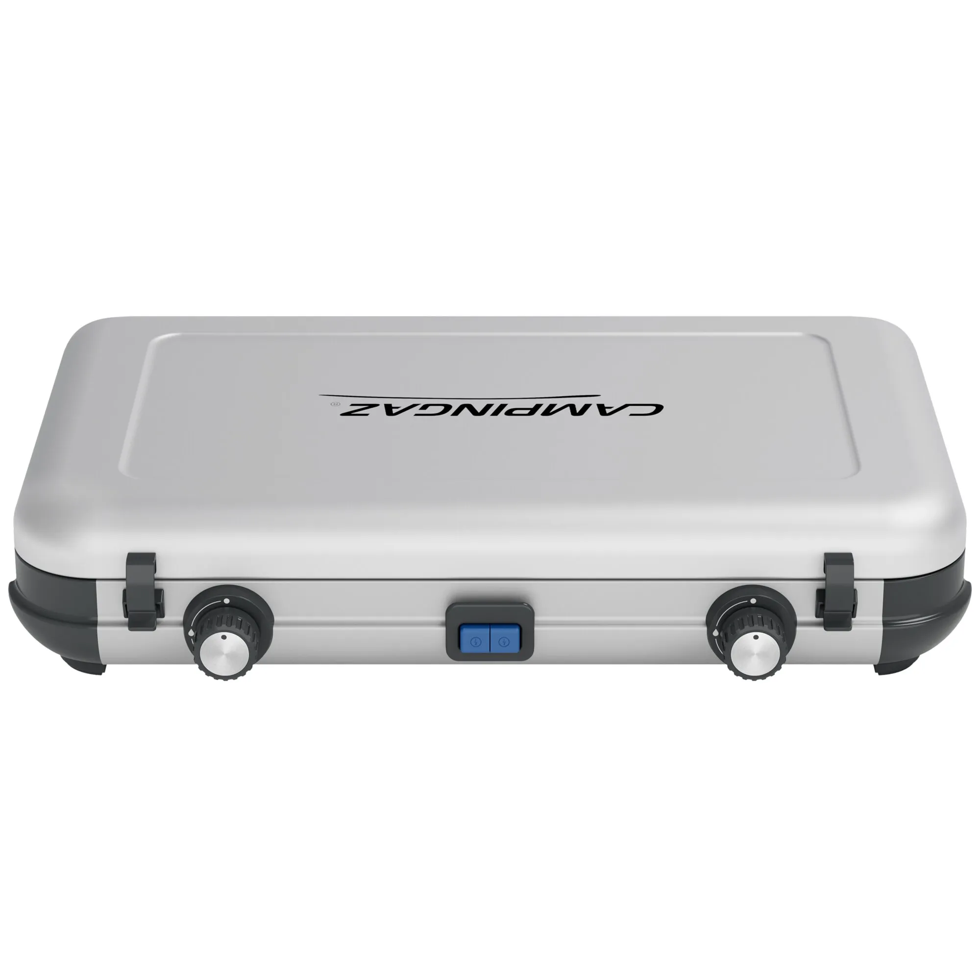 Geschlossener grauweißer Camping-Gaskocher Camping Kitchen 2 MAXI mit zwei Drehreglern, Zündknopf und seitlichen Verschlüssen