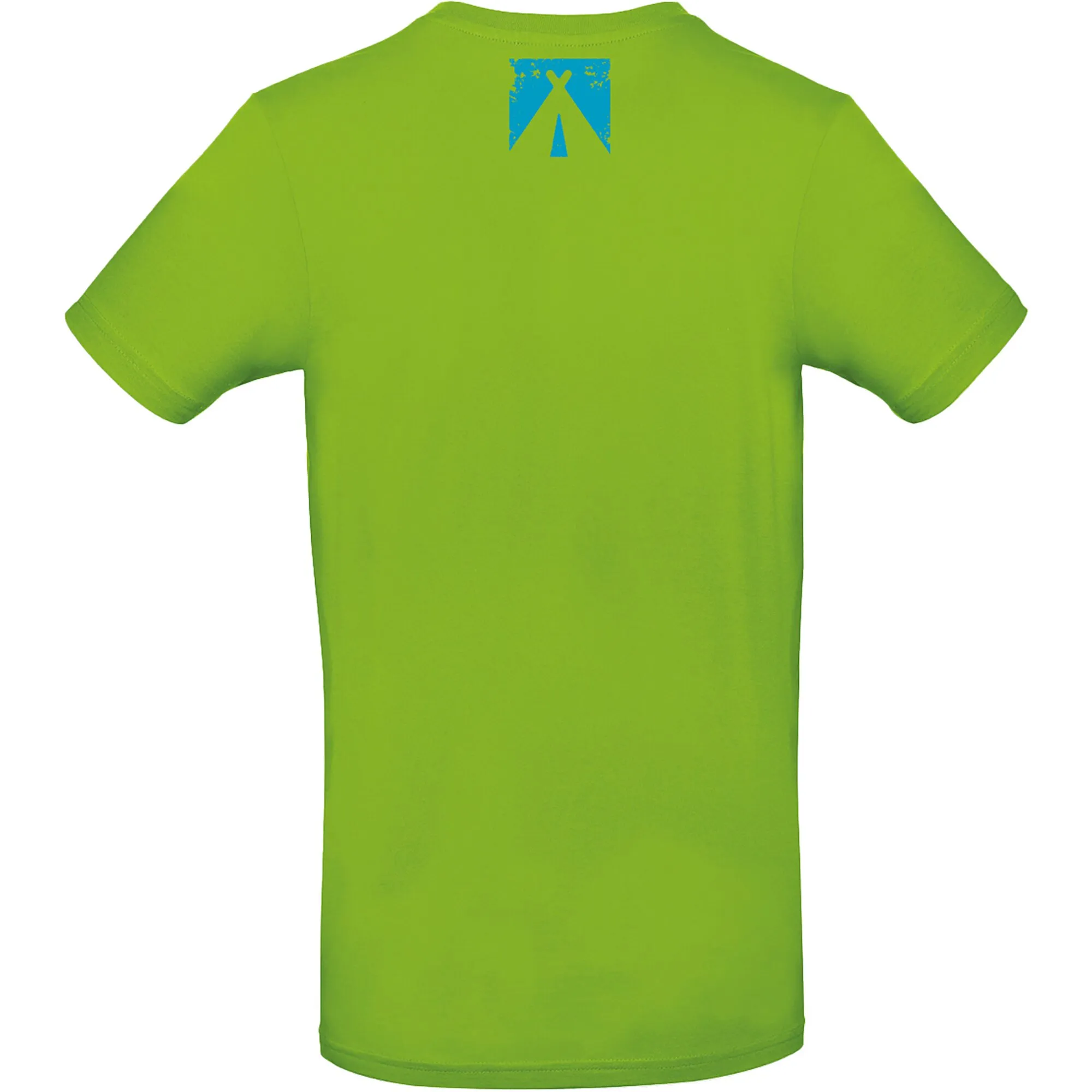 Apfelgrünes T-Shirt Vanlife 1 in Größe L mit kurzen Ärmeln und blauem Brustaufdruck in Zeltform