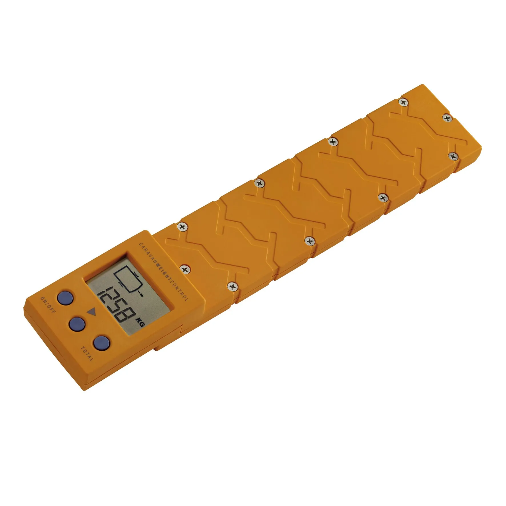 Orangefarbene Caravan-Stützlastwaage CWC mit LCD-Anzeige, drei Tasten und strukturierter Auflagefläche, belastbar bis 1500 kg