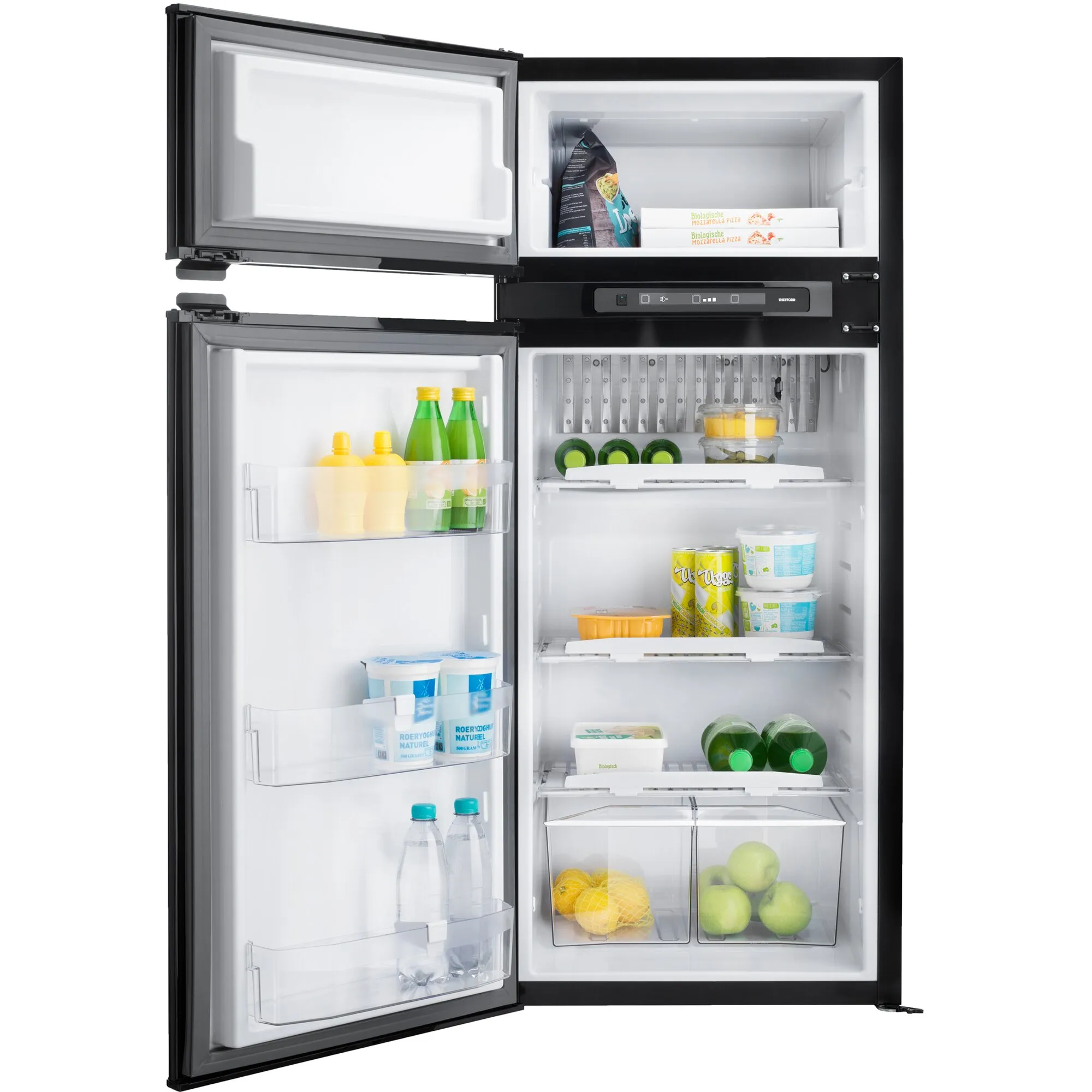 Schwarzer Absorptionskühlschrank N4150 A mit geöffneten Türen, Gefrierfach, LCD-Bedienfeld, Ablagen und gefüllten Fächern