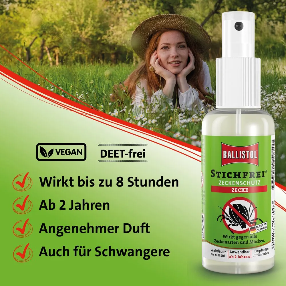 Sprühflasche Ballistol Stichfrei Zeckenschutz vor grünem Hintergrund, rechts eine Frau mit Strohhut im Feld, links rote Linien und Checkliste