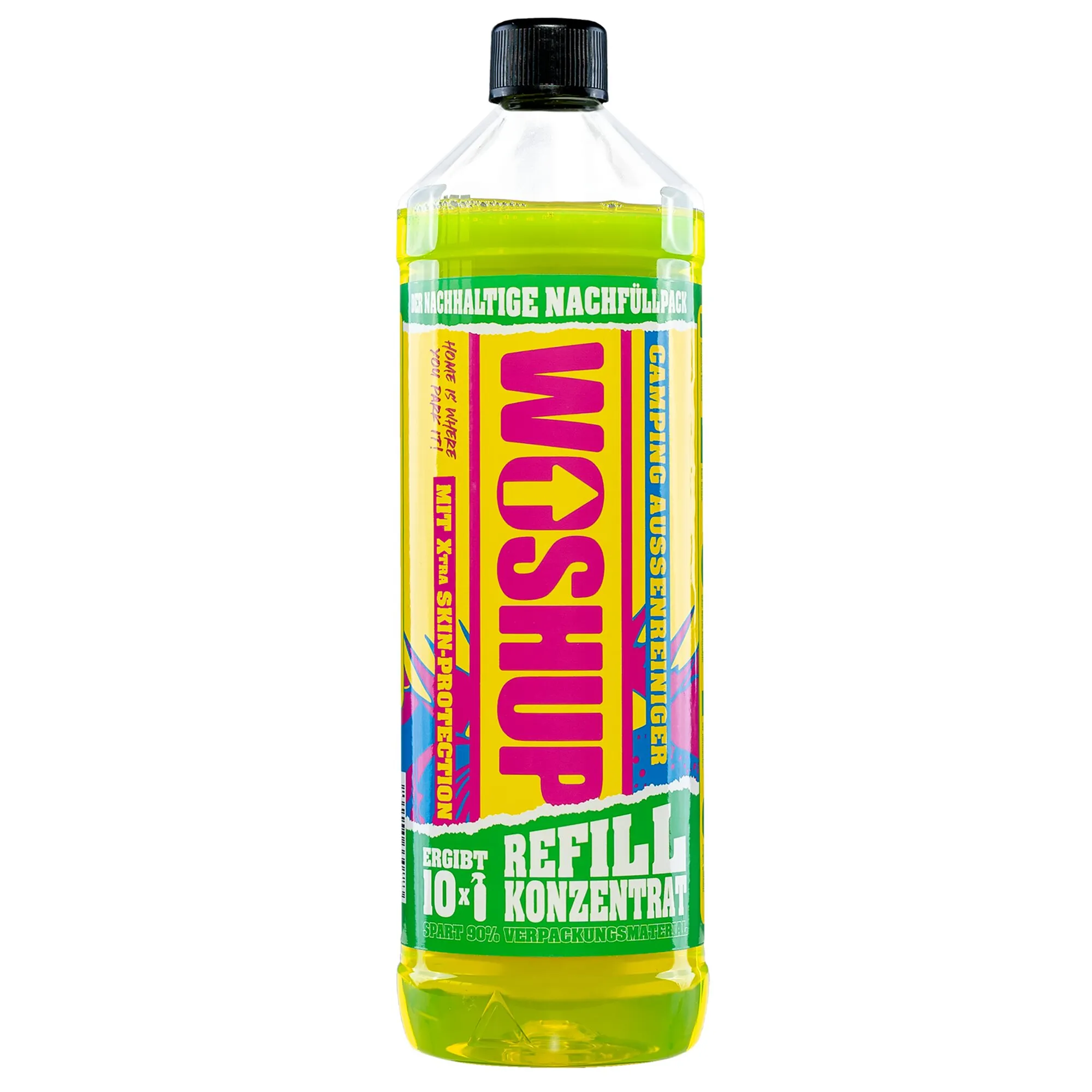 Transparente 1-Liter-Kunststoffflasche mit schwarzem Schraubverschluss und grünem Camping Cleaner Refill Konzentrat replush.alt</numerusform