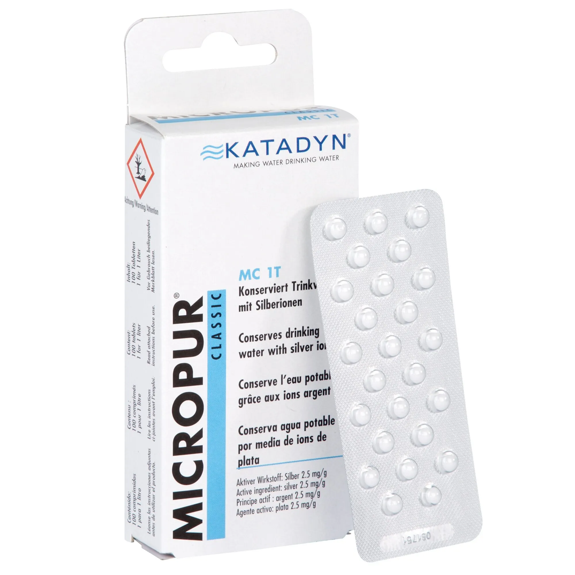 Katadyn Micropur Classic MC 1T: weiße Faltschachtel mit Blisterstreifen und weißen Tabletten zur Wasserkonservierung