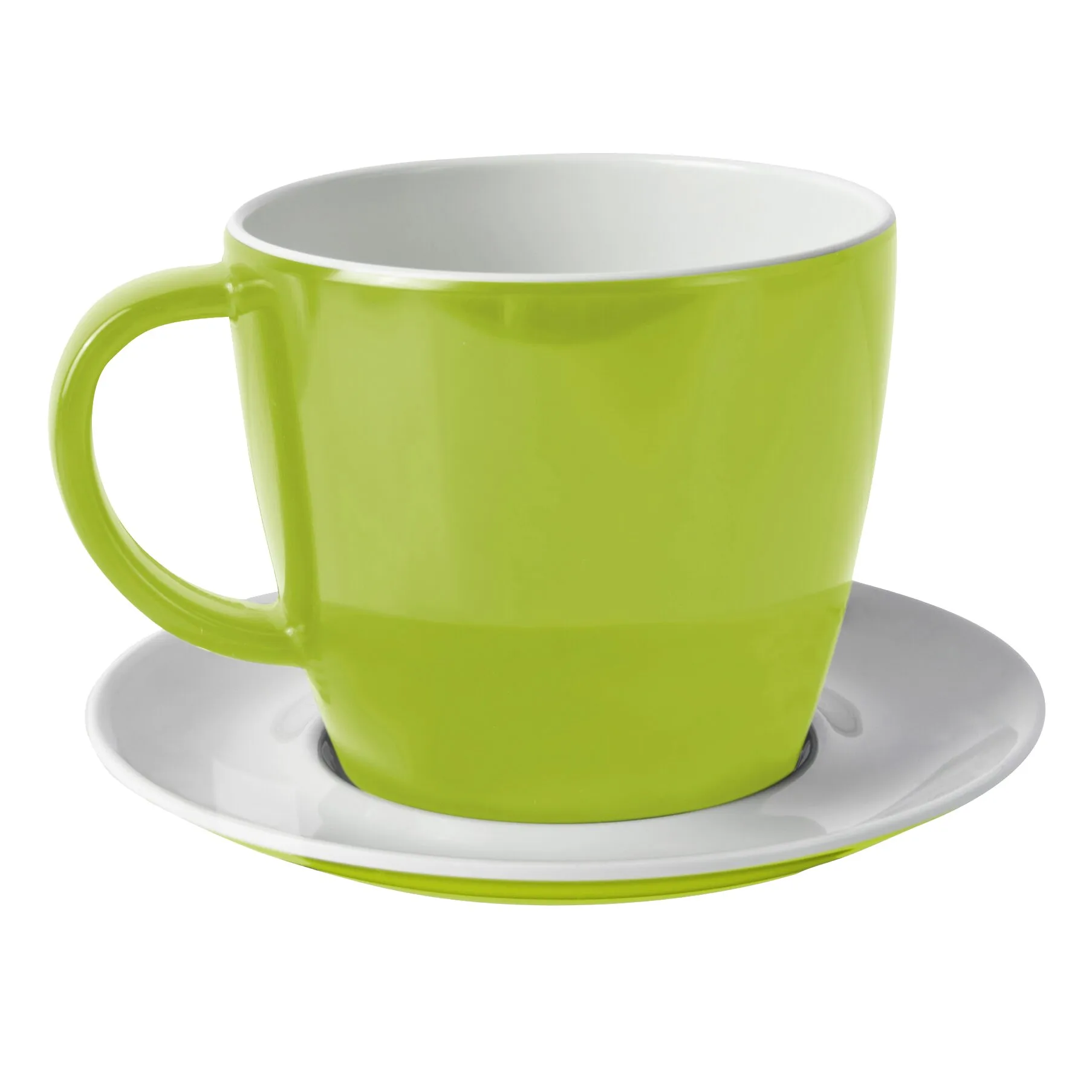 Grüne Space-Tasse mit Henkel und weißem Innenraum auf passender weißer Untertasse mit grünem Rand