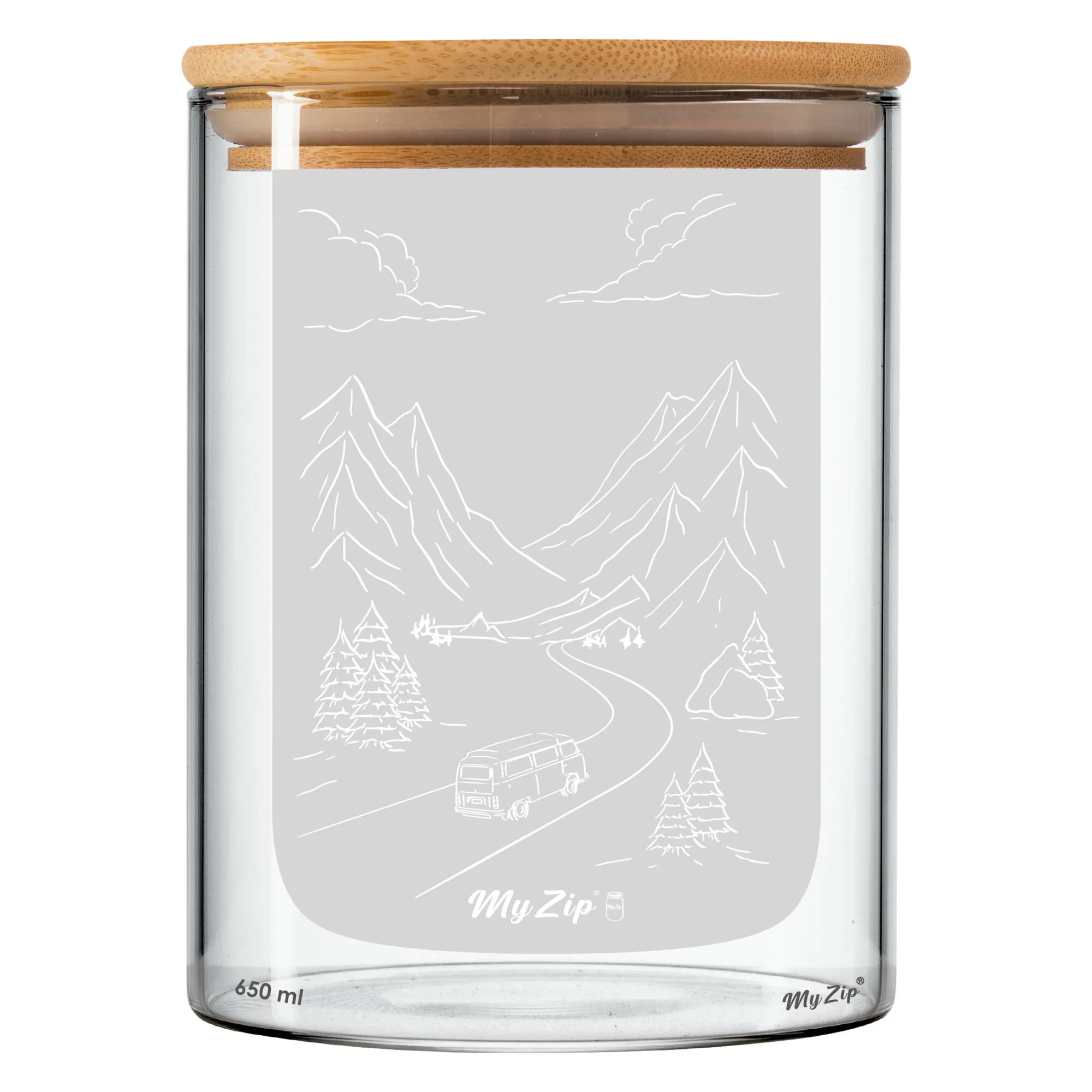 Transparente Glasdose mit hellem Holzdeckel, grauem Aufdruck einer Berglandschaft, darunter MyZip Logo und sichtbare 650 ml Kapazität