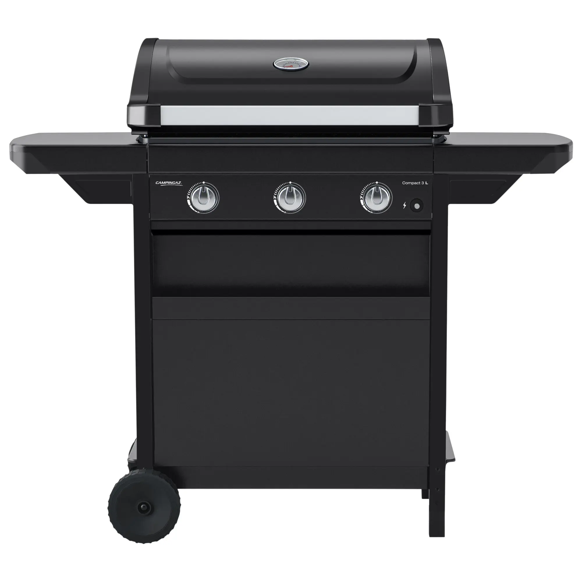 Gasgrill Compact 3 L in Schwarz mit Deckel, Thermometer auf dem Deckel, drei Bedienknöpfe vorne, seitliche Ablagen und großen Rädern unten