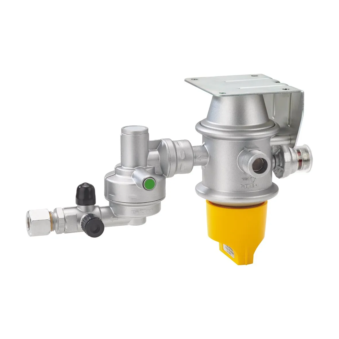Horizontale Sicherheits-Gasdruck-Regelanlage Caramatic DriveTwo Set aus silberfarbenem Metall mit gelbem Filterbecher und Montagewinkel