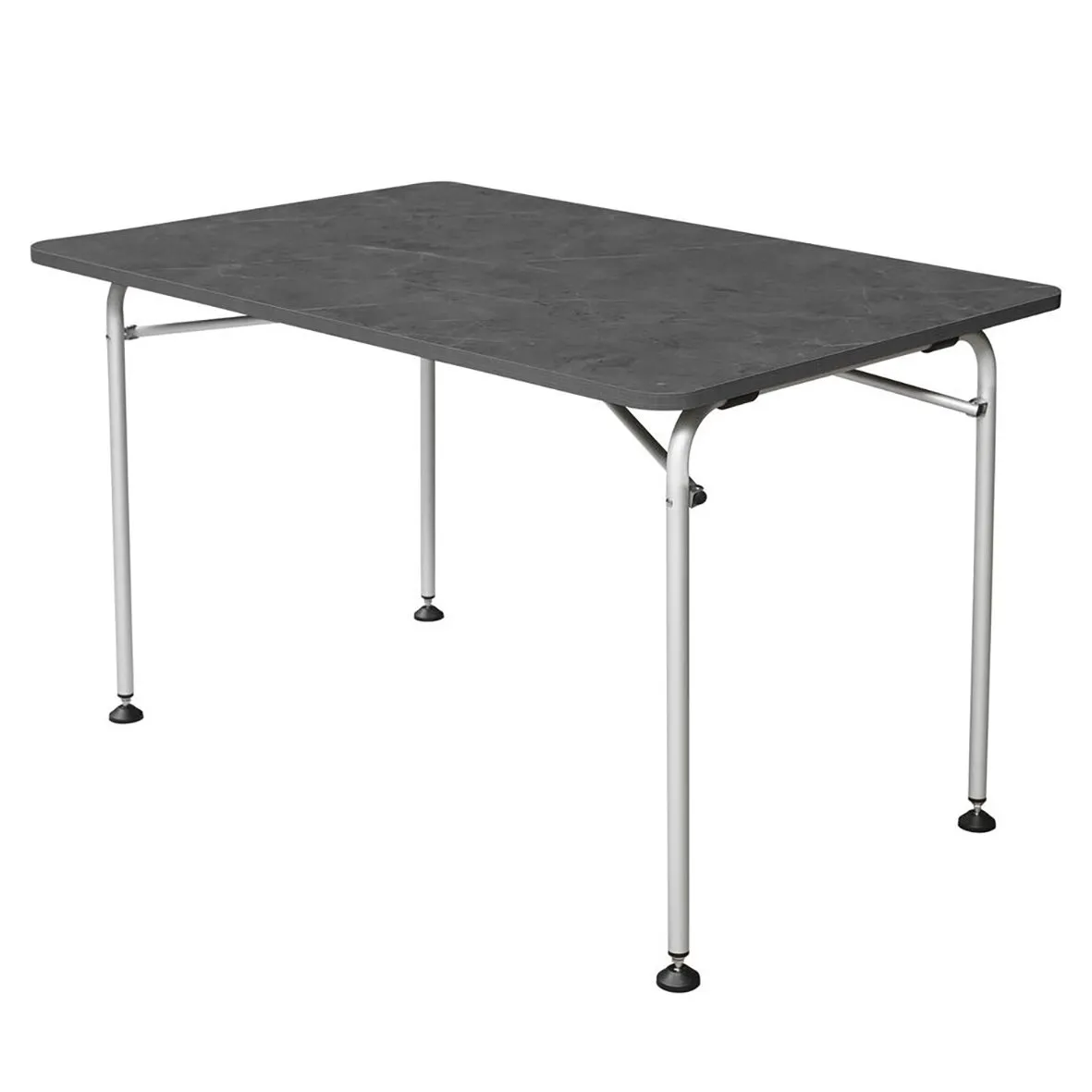 Grauer rechteckiger Campingtisch mit klappbaren Aluminiumbeinen und schwarzen Standfüßen, 100 cm breit