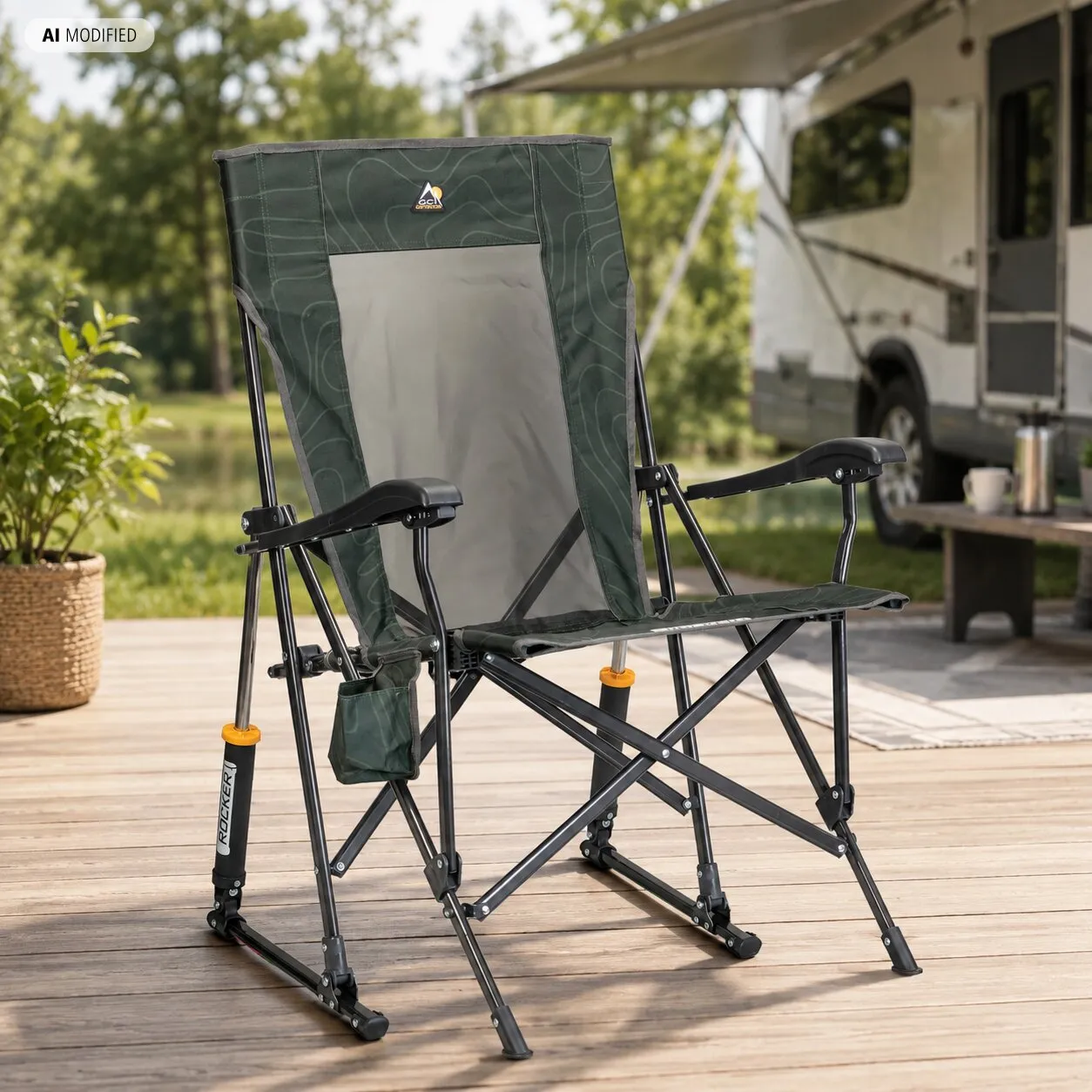 Camping-Schaukelstuhl RoadTrip Rocker dunkelgrün mit grauer Rückenplatte, schwarzem Rahmen, seitliche Tasche, steht auf Holzdeck vor Wohnmobil