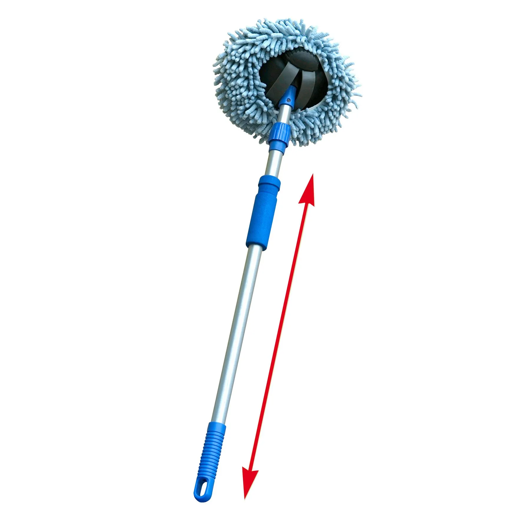 Blauer Wischmopp Micro mit rundem hellblauem Mikrofaserbezug, Aluminiumstiel und rotem Doppelpfeil zur Längenverstellung