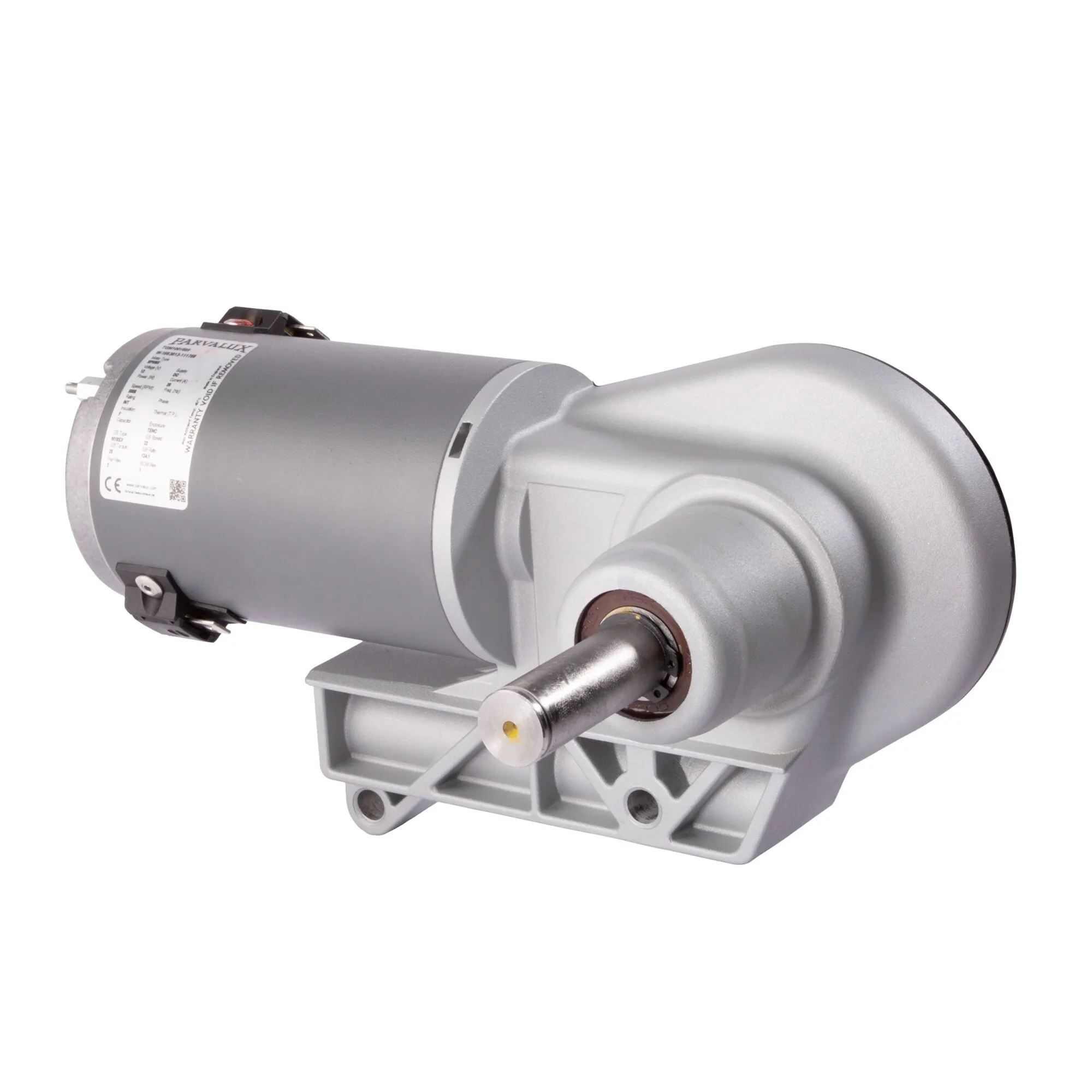 Motor/Getriebe B in grauer Ausführung mit zylindrischem Motor, Getriebegehäuse, Antriebswelle und Montagefüßen vor weißem Hintergrund