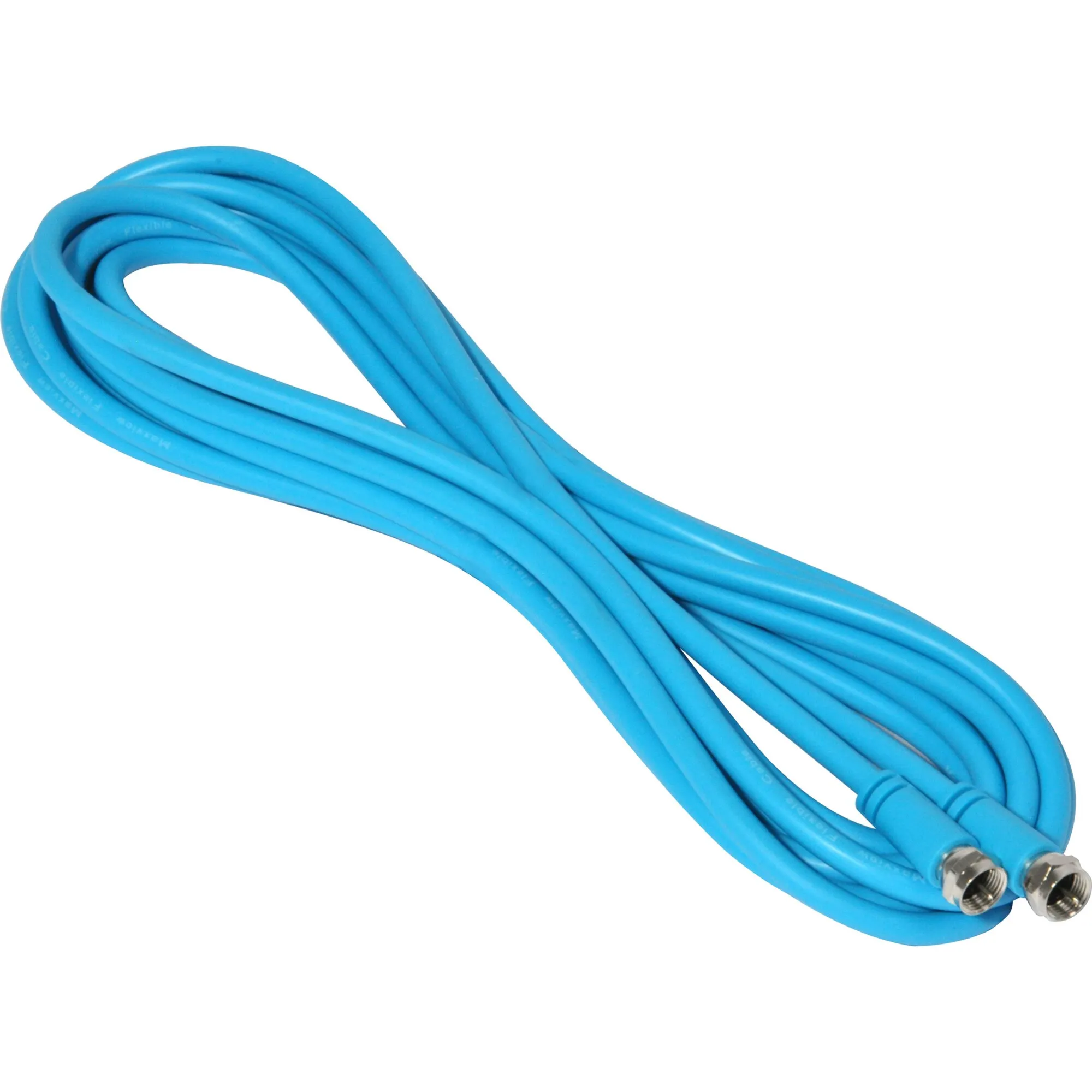 Blaues, flexibles Sat-Kabel mit 1,50 m Länge und zwei silbernen F-Steckern, auf weißem Hintergrund aufgerollt