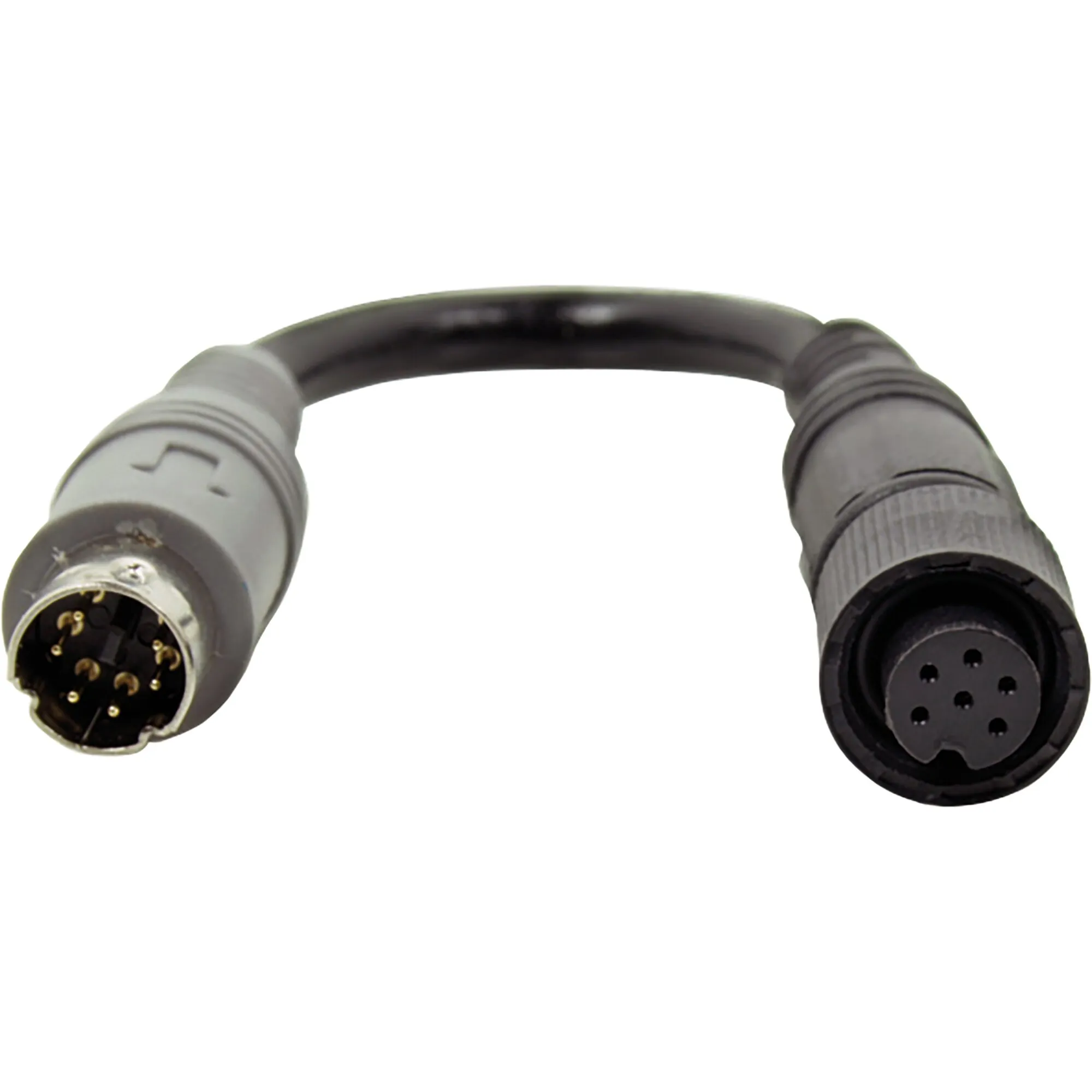 Schwarzer Kameraadapter mit 6-poliger Mini-Schraubkupplung und 6-poligem Mini-Stecker an kurzem Kabel