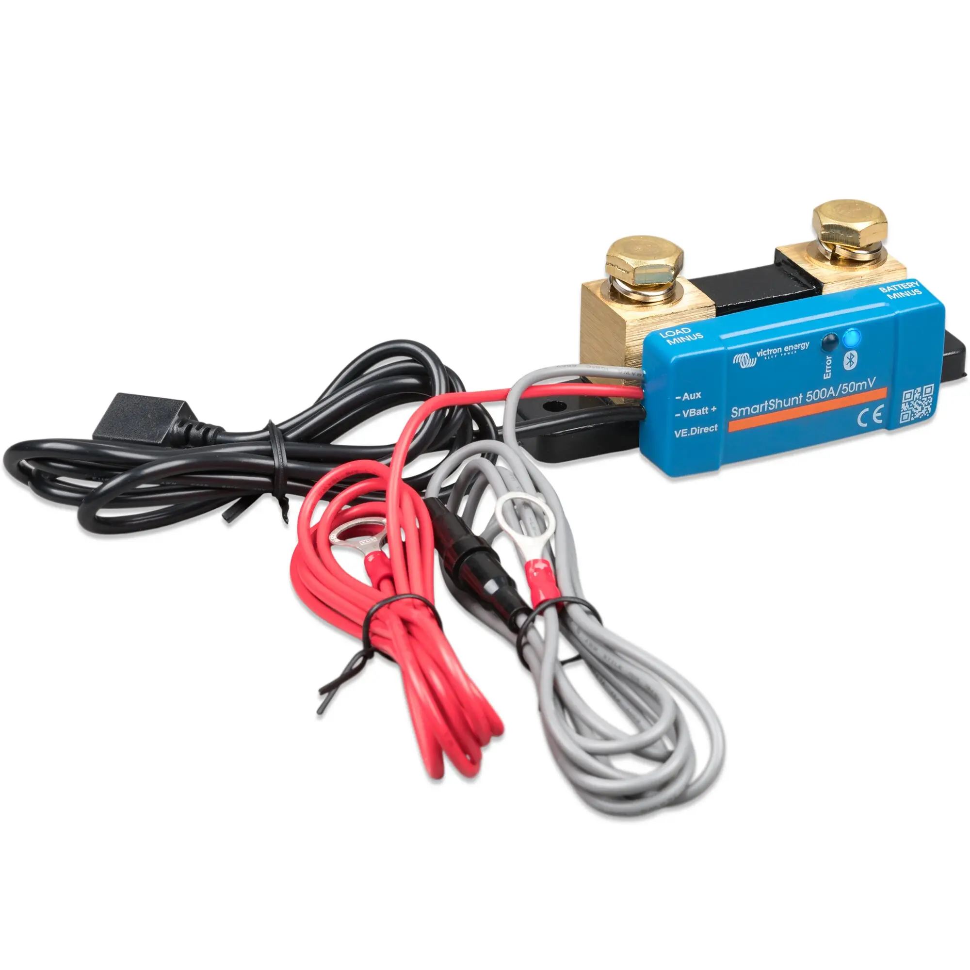 SmartShunt 500A/50mV Batteriewächter mit blauem Gehäuse, zwei goldene Klemmen oben und vielen roten schwarzen und grauen Leitungen