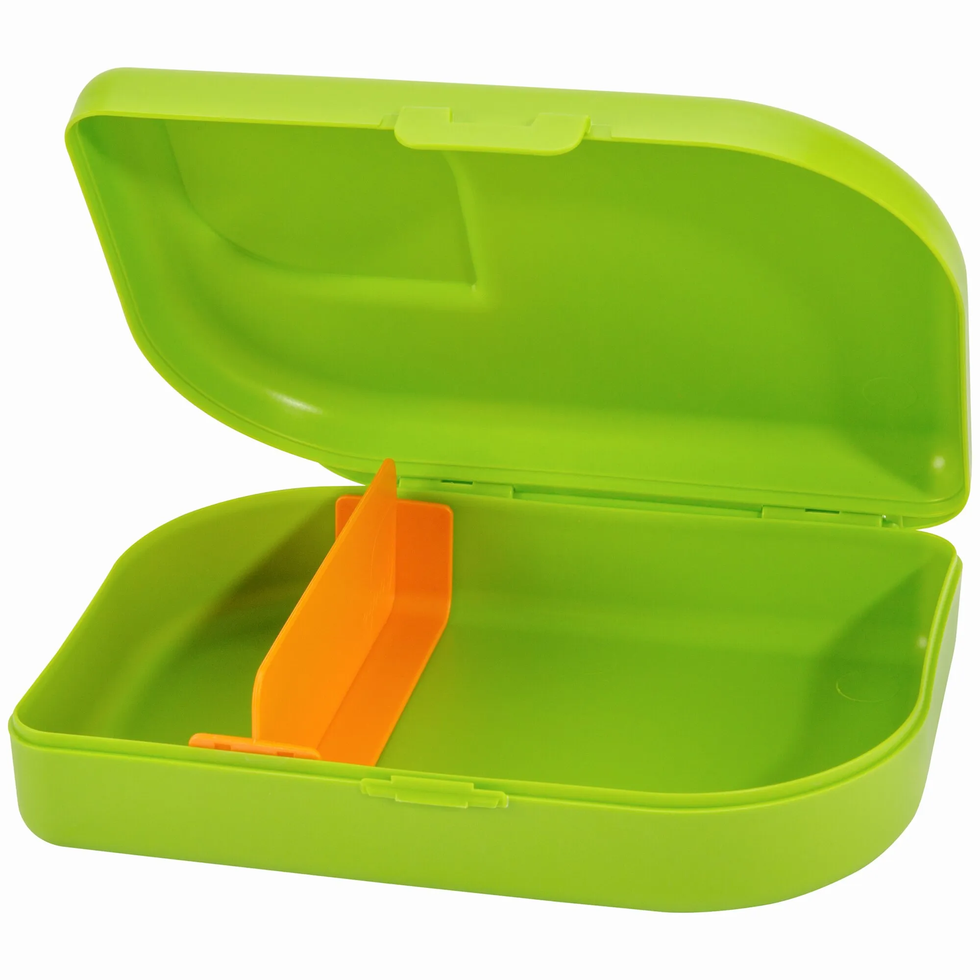 Offene limefarbene Brotbox mit abgerundeten Ecken, Klappdeckel, Verschlusslasche und orangefarbener Trennwand