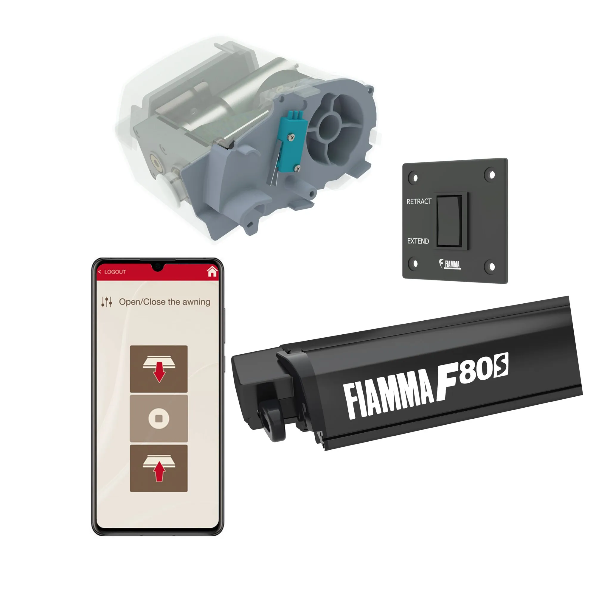 Schwarzes Fiamma F80S Motor-Kit mit Motor, Bedientaster, Smartphone-App und Markisenantriebgehäuse