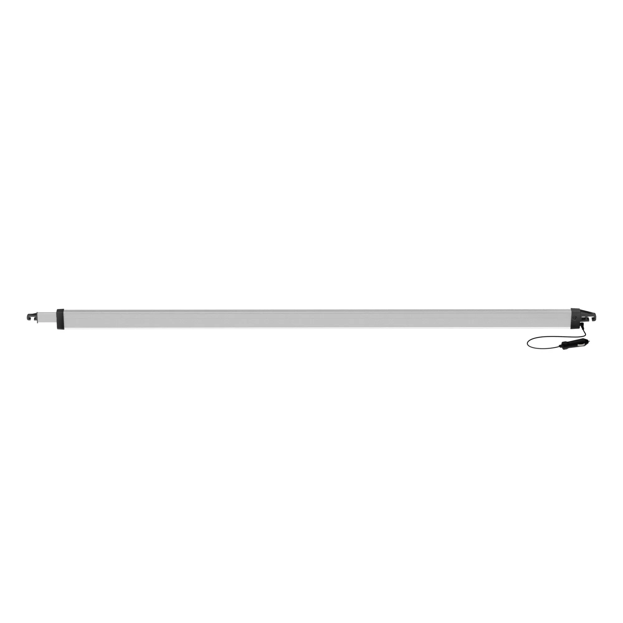 Silberne Spannstange Rafter LED für CaravanStore ZIP mit schwarzen Endkappen und angeschlossenem Stromkabel
