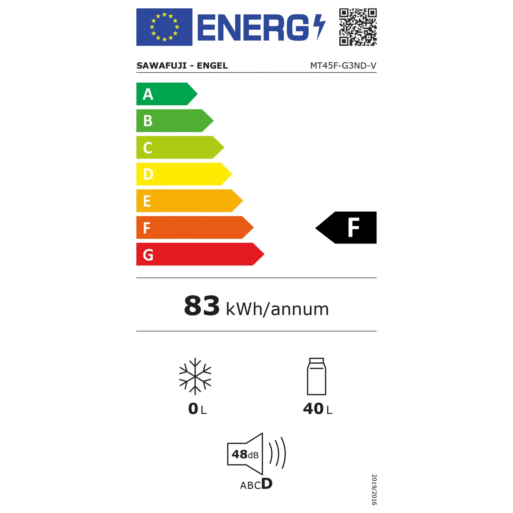 Energieetikett der Kühlbox Sawafuji-Engel MT45F-G3ND-V: Energieeffizienzklasse F, 83 kWh/Jahr, 40 l, 48 dB