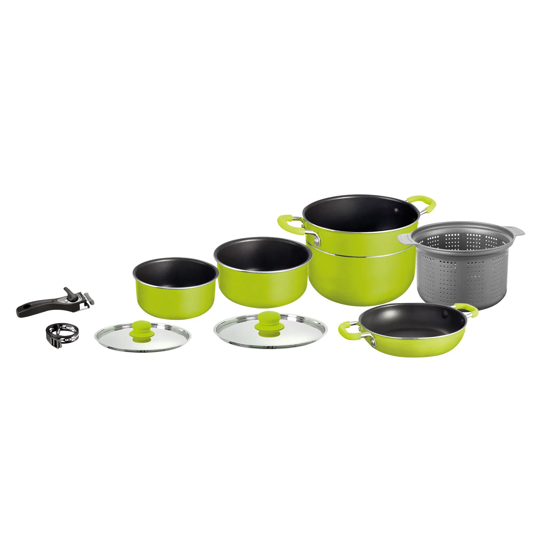 Grünes Topfset Juniper NG 8+1 mit drei Töpfen, Pfanne, zwei Glasdeckeln, Siebeinsatz und abnehmbarem Griff