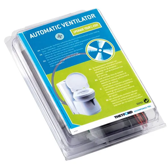 Verpacktes Thetford Automatic-Ventilator-Kit als Upgrade für C250 in transparenter Kunststoffverpackung
