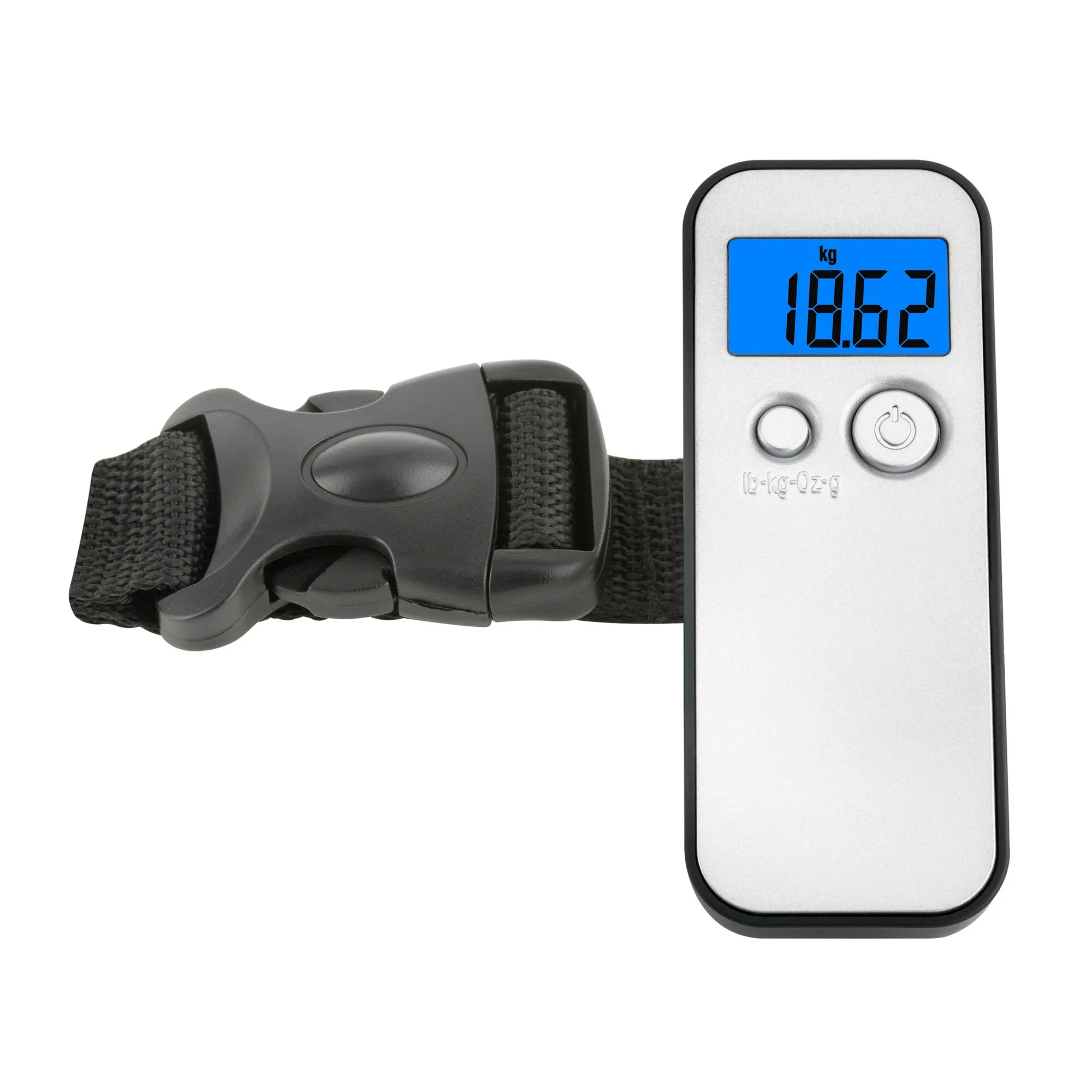 Silberne digitale Kofferwaage mit schwarzem Gurt, Schnalle und blauem Display mit Anzeige 18,62 kg