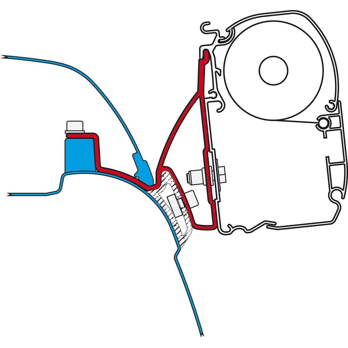 Querschnitt der schwarzen Fiamma F45s Markise für VW T5/T6 Multivan mit Gehäuse, Halterung und ausgefahrenem Markisentuch