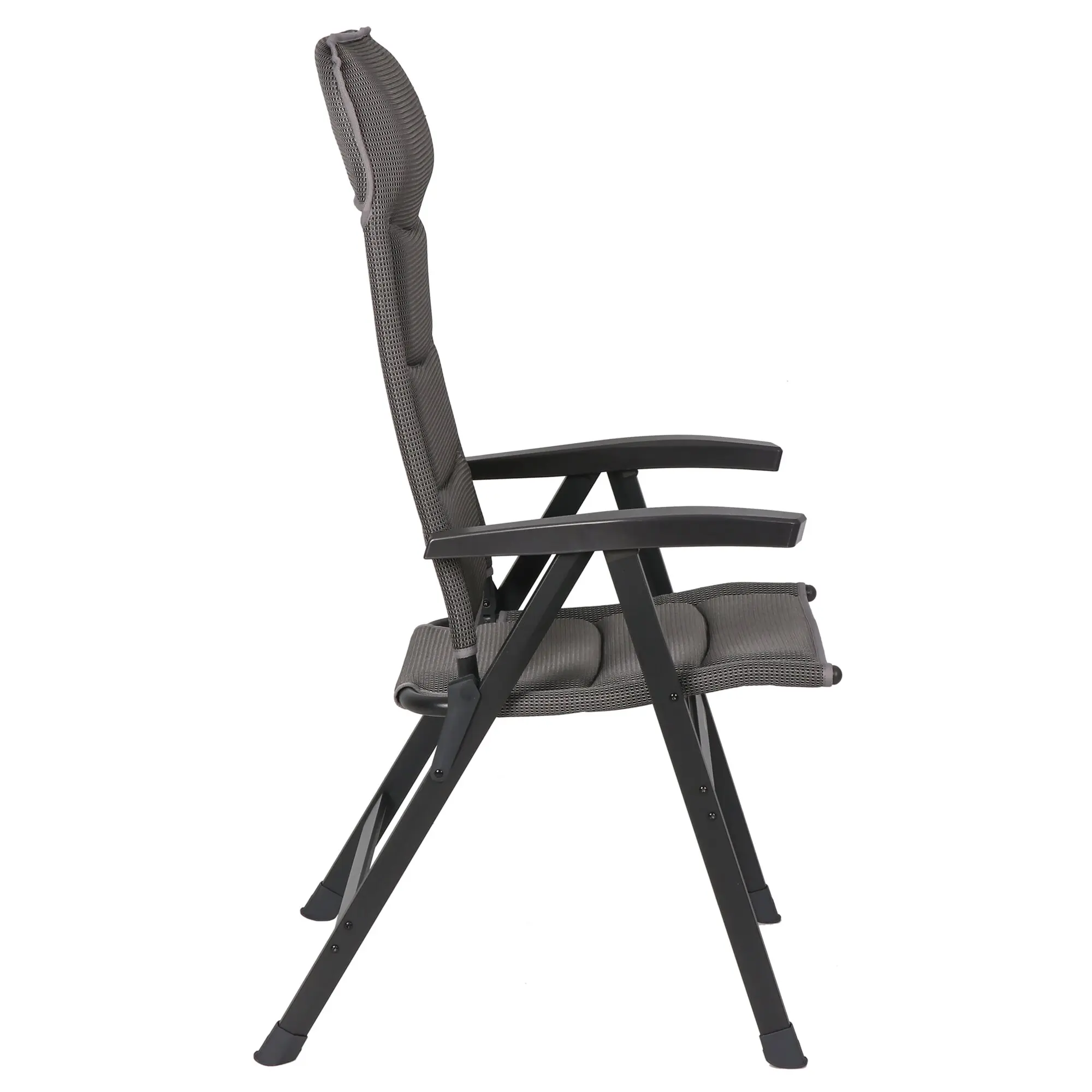 Majestic Grande Campingstuhl grau mit hochgezogenem Rücken, gepolsterter Sitz aus gewebtem Material, Armlehnen und schwarzem Rahmen