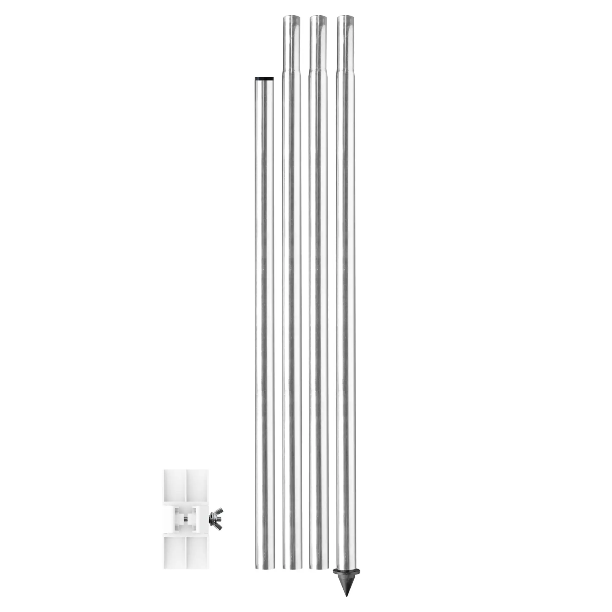 Montageset aus mehreren Metallrohren als Mast mit Spitze, plus weißes Montagezubehör und Schrauben, für Seitenwandhalterung am Maxview Roam Basecamp