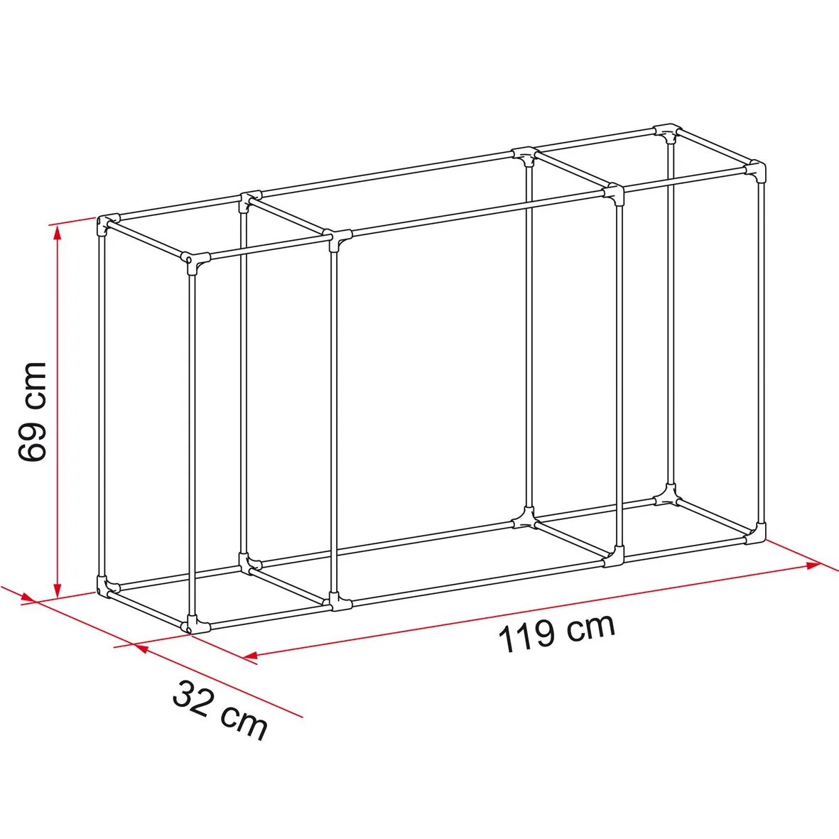 Kit Frame Cargo Back, schwarzes Rahmenregal mit mehreren Fächern, 119 cm breit, 32 cm tief und 69 cm hoch