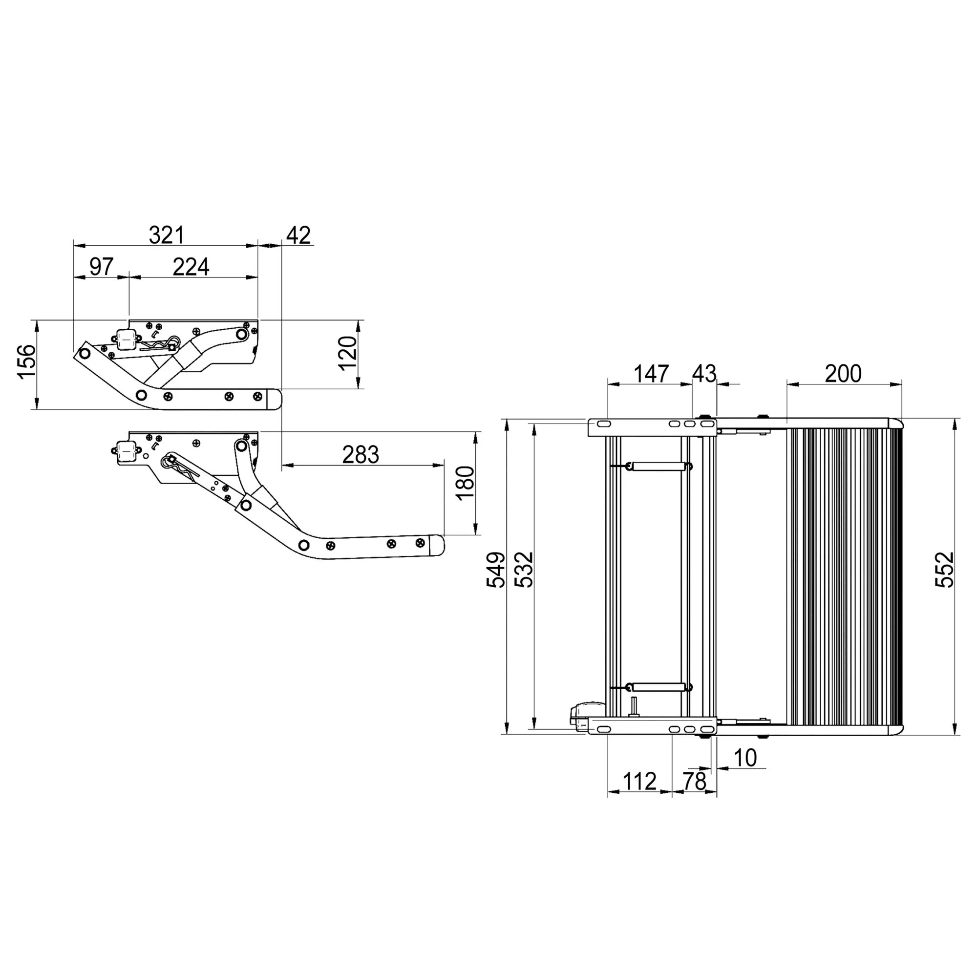 Technische Maßzeichnung der manuellen Thule Single Step V10 Trittstufe 550 aus Aluminium mit Seiten- und Draufsicht sowie Maßangaben