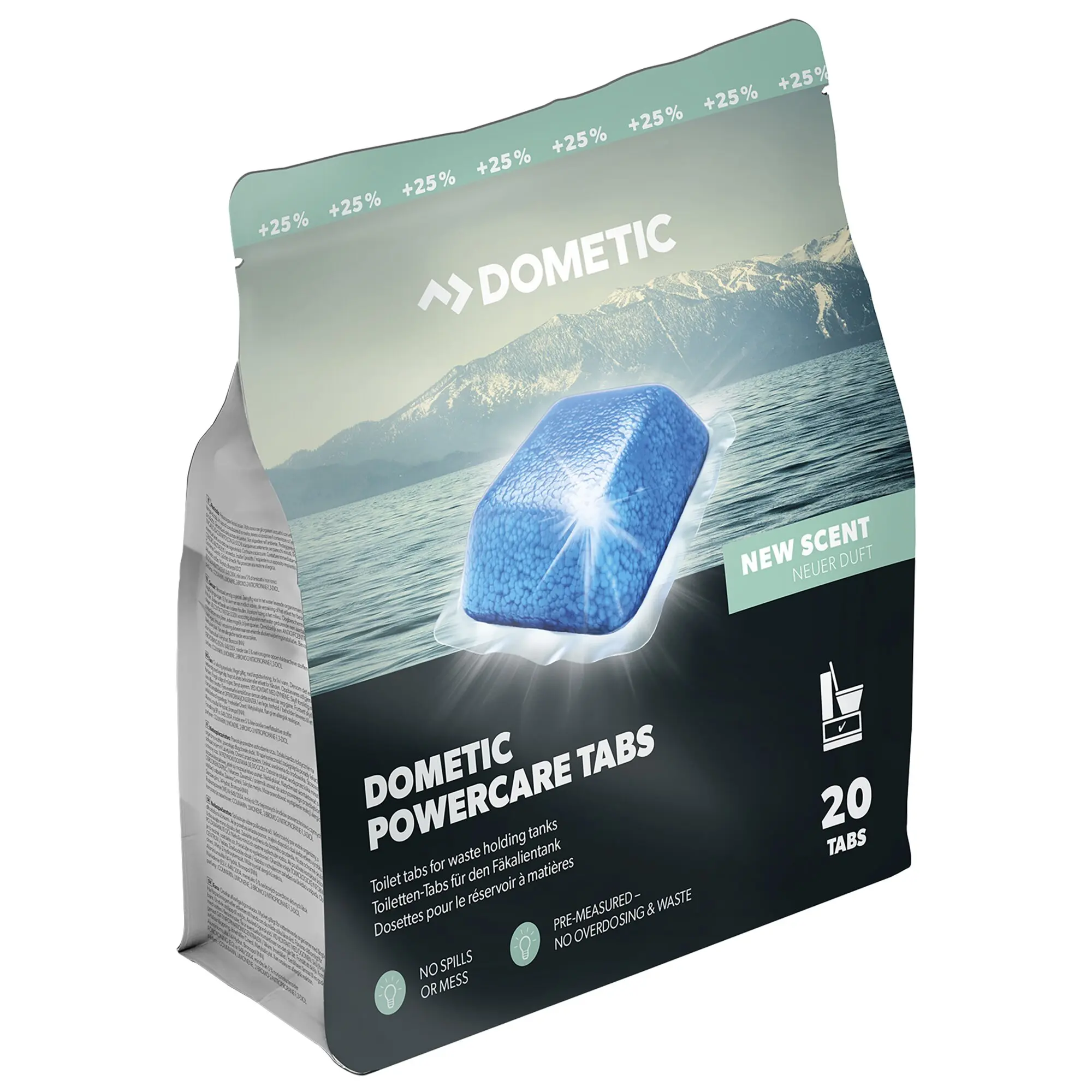 Verpackung eines Toilettenzusatzes Dometic PowerCare Tabs Beutel mit blauem Tab Bergsee-Hintergrund +25% Schriftzug oben und Hinweis 20 Tabs