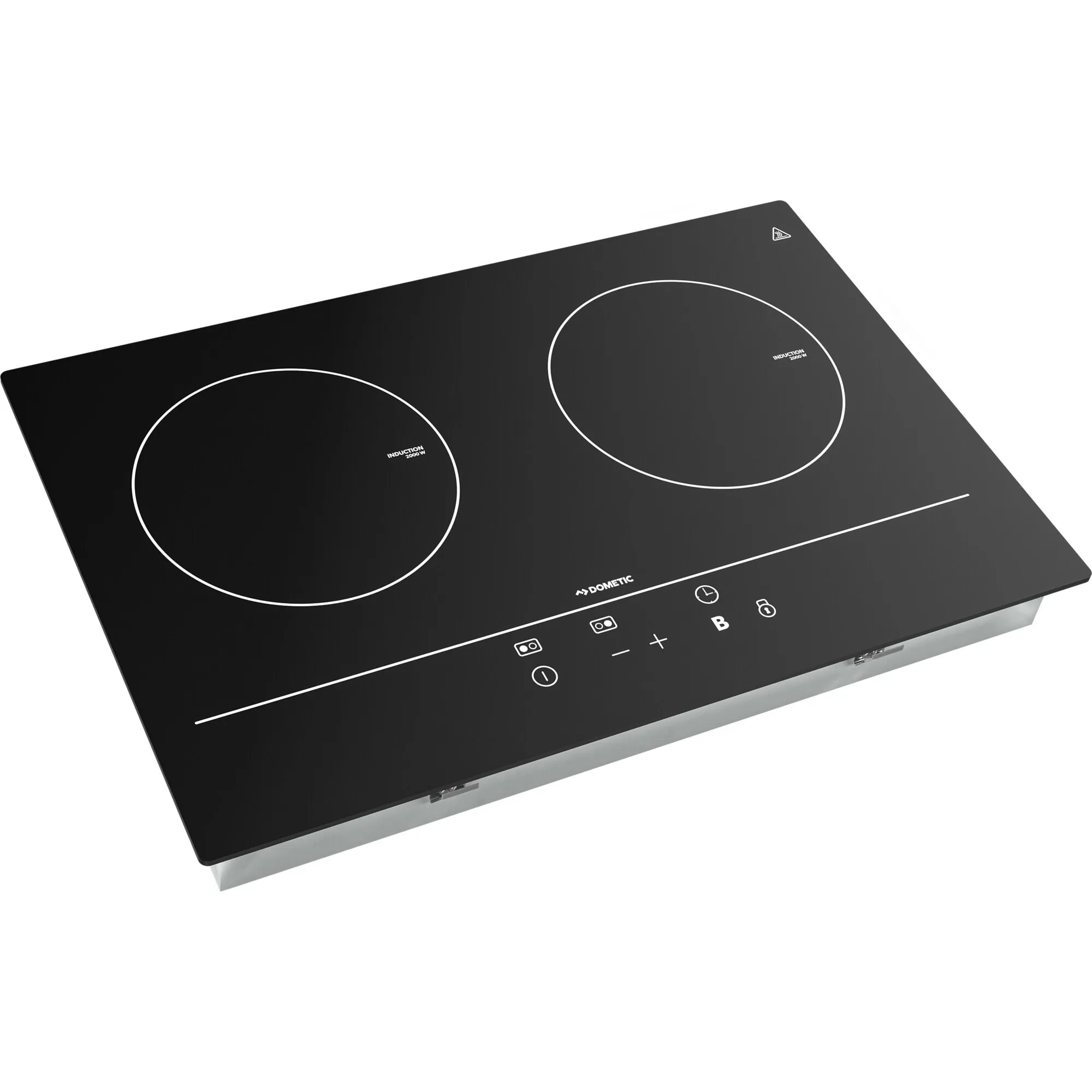 Schwarzes Dometic Induktionskochfeld mit zwei markierten Kochzonen, Touch-Bedienfeld und sichtbarem Edelstahlrahmen