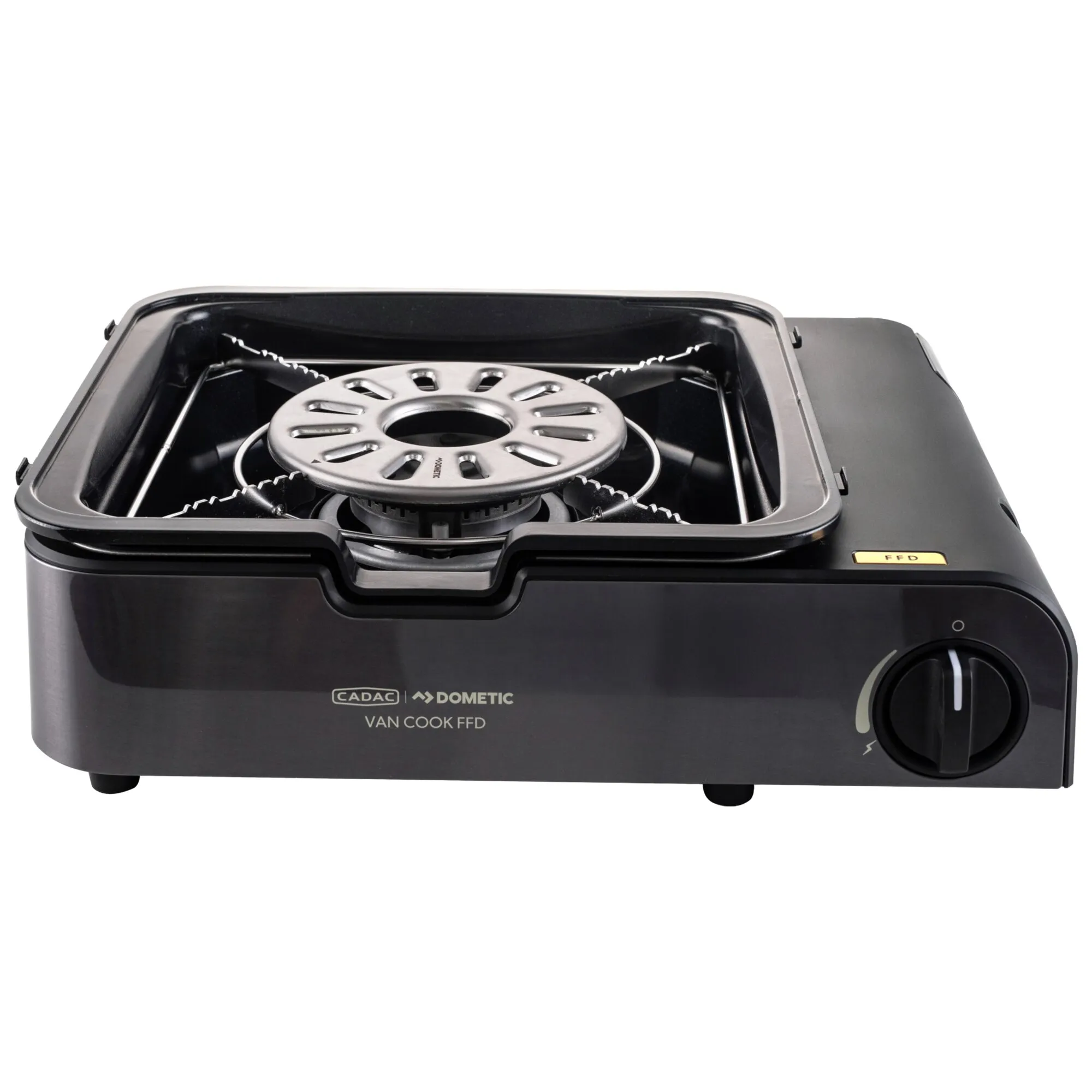 Schwarzer tragbarer Campingkocher mit runder Edelstahlbrennerplatte, Grillrosten, seitlichem Einstellknopf und CADAC Dometic Van Cook FFD