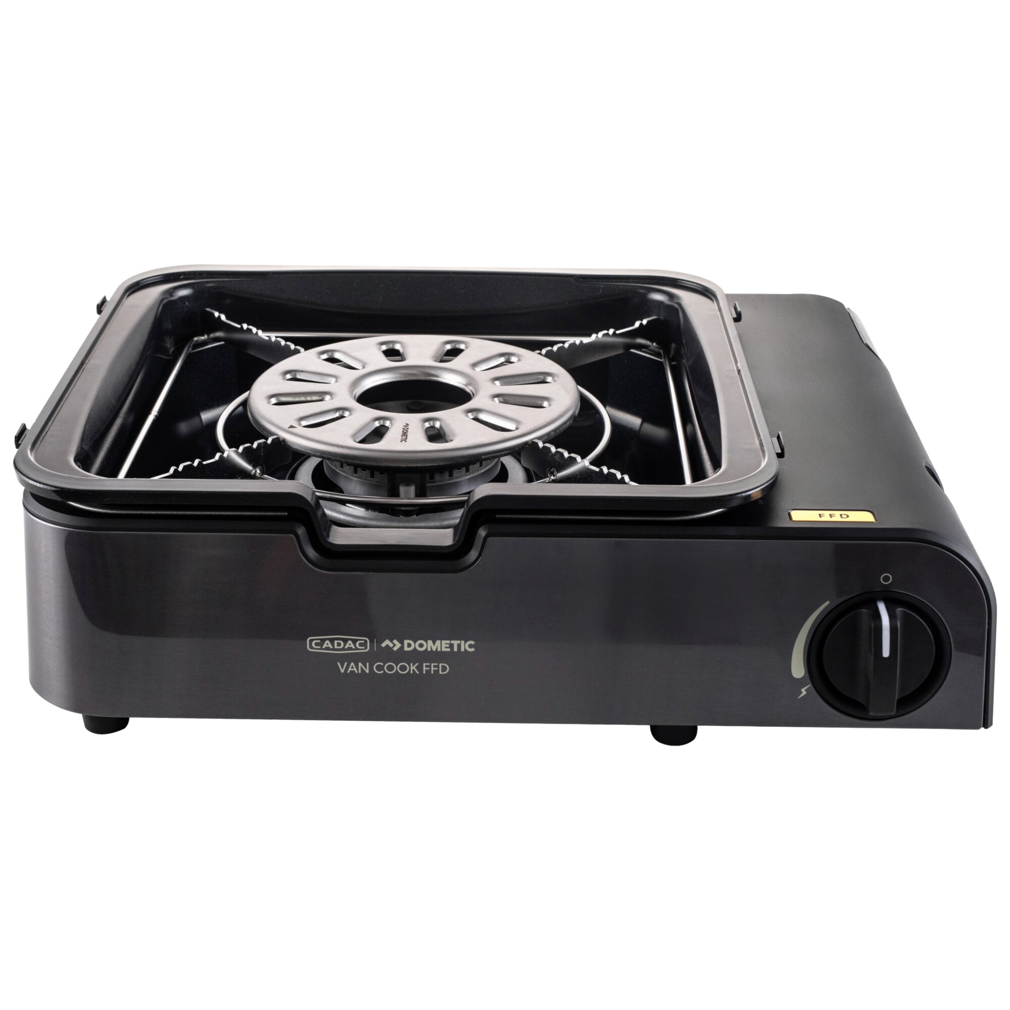 Schwarzer tragbarer Campingkocher mit runder Edelstahlbrennerplatte, Grillrosten, seitlichem Einstellknopf und CADAC Dometic Van Cook FFD