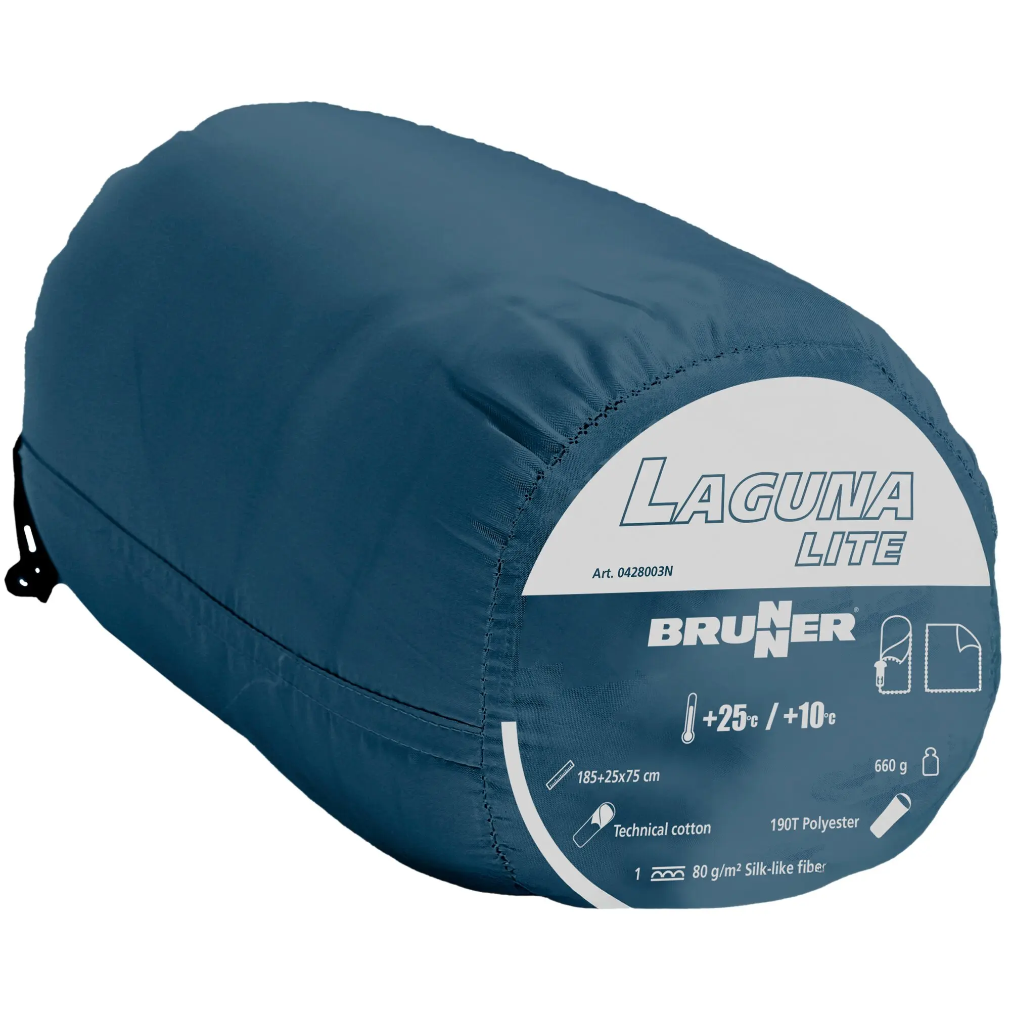 Detailaufnahme eines blauen Deckenschlafsacks Laguna Lite mit weißem rundem Label, Laguna Lite lesbar; sichtbare Naht und Stoffstruktur