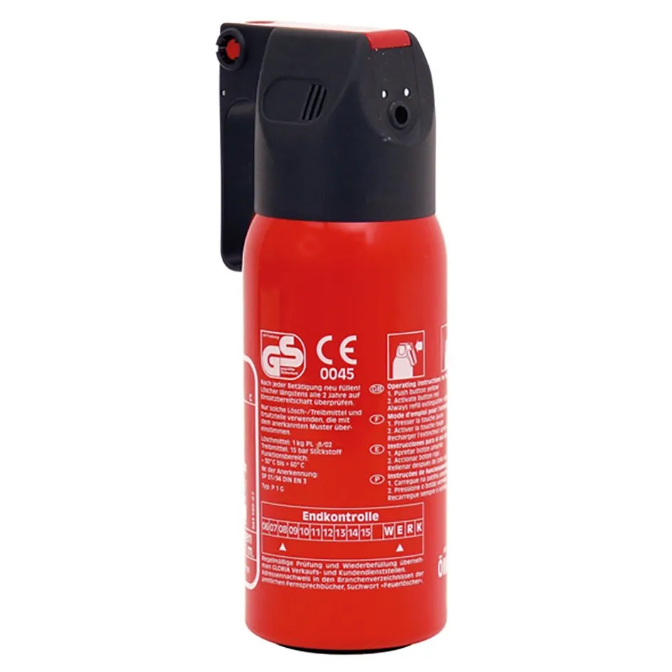 Roter Feuerlöscher mit schwarzem Kopf, 1 kg Inhalt, CE-Kennzeichnung und aufgedruckter Bedienungsanleitung, freigestellt vor weißem Hintergrund