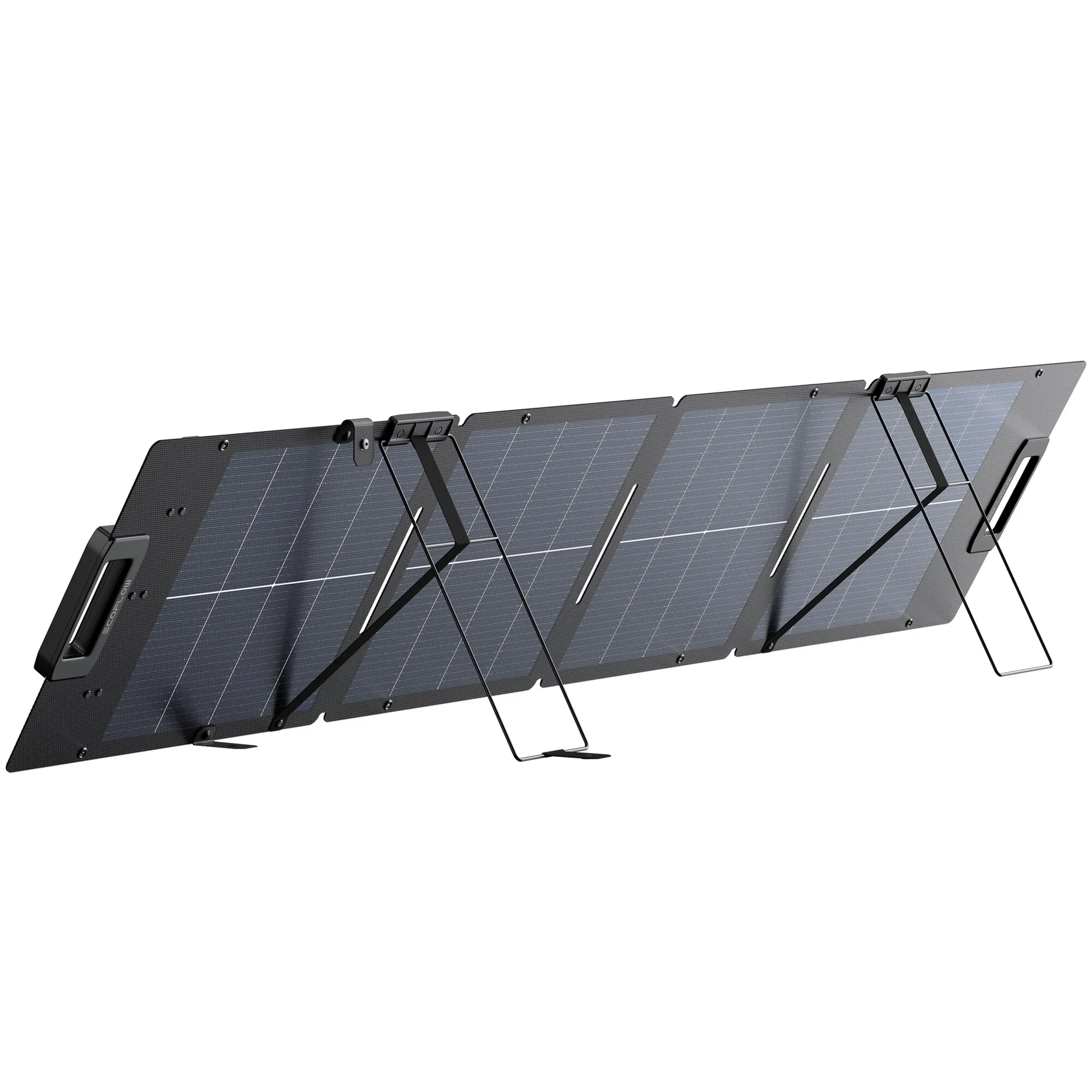 Faltbares Solarmodul mit dunkelblauen Solarzellen, schwarzem Metallrahmen und klappbaren Stützbeinen am unteren Rand