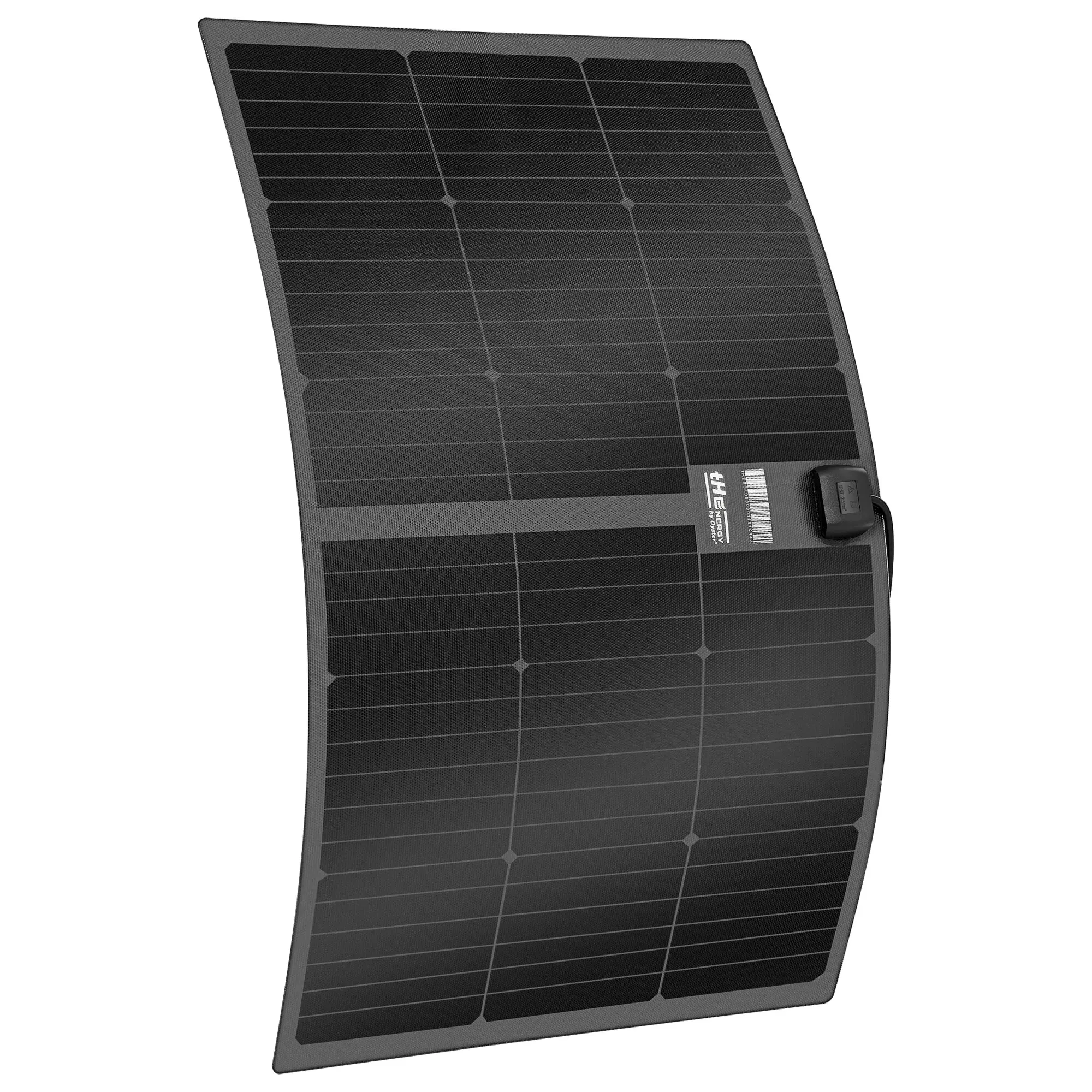 Schwarzes Solarmodul Sunflex 105, rechteckige Form, dicht angeordnete Photovoltaikzellen im Raster, grauer Rahmen und Steckverbinder unten rechts