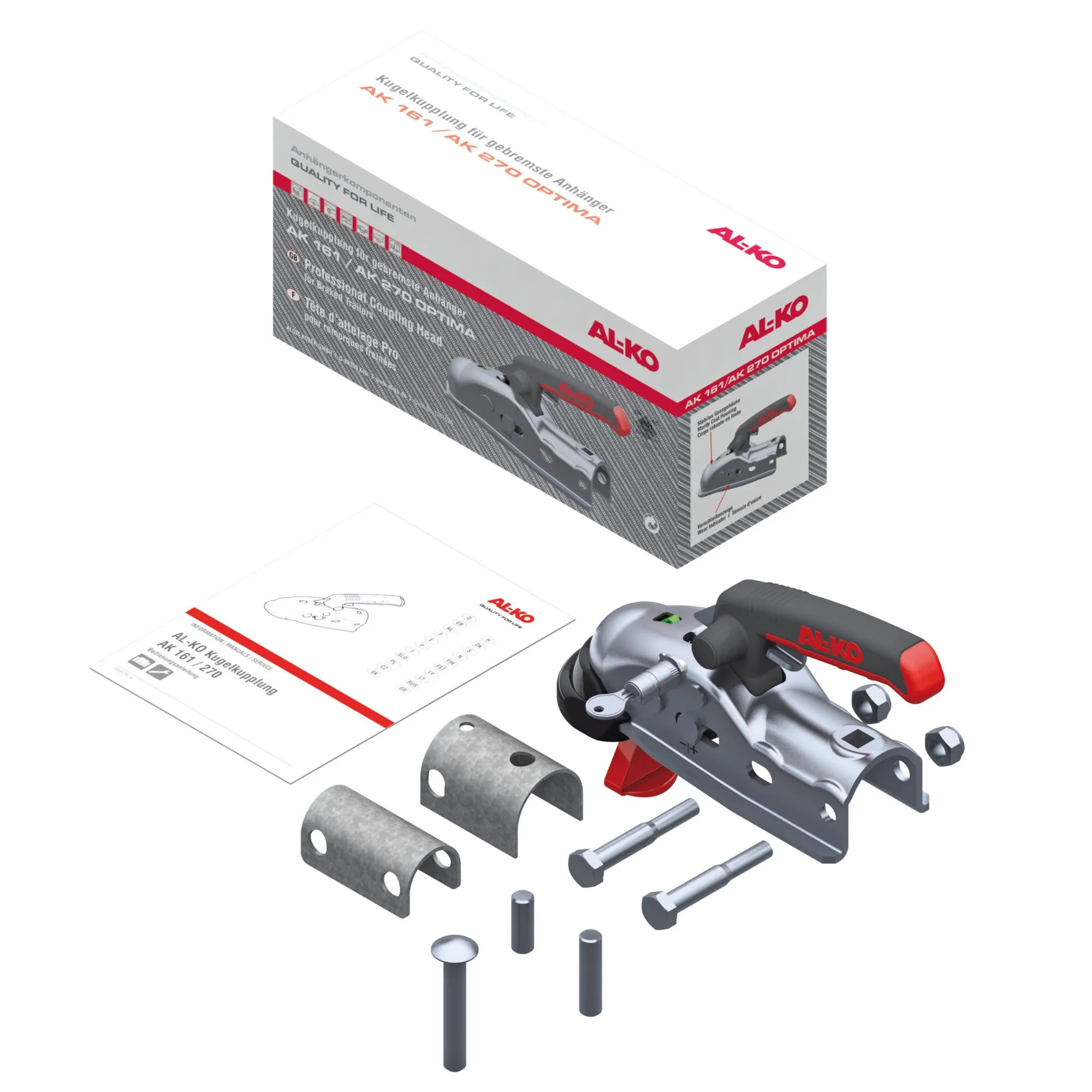AL-KO Sicherheitskupplung Safety-Kit für 1600 kg mit Kupplungskopf, Befestigungsteilen, Bolzen und Bedienungsanleitung neben der Verpackung