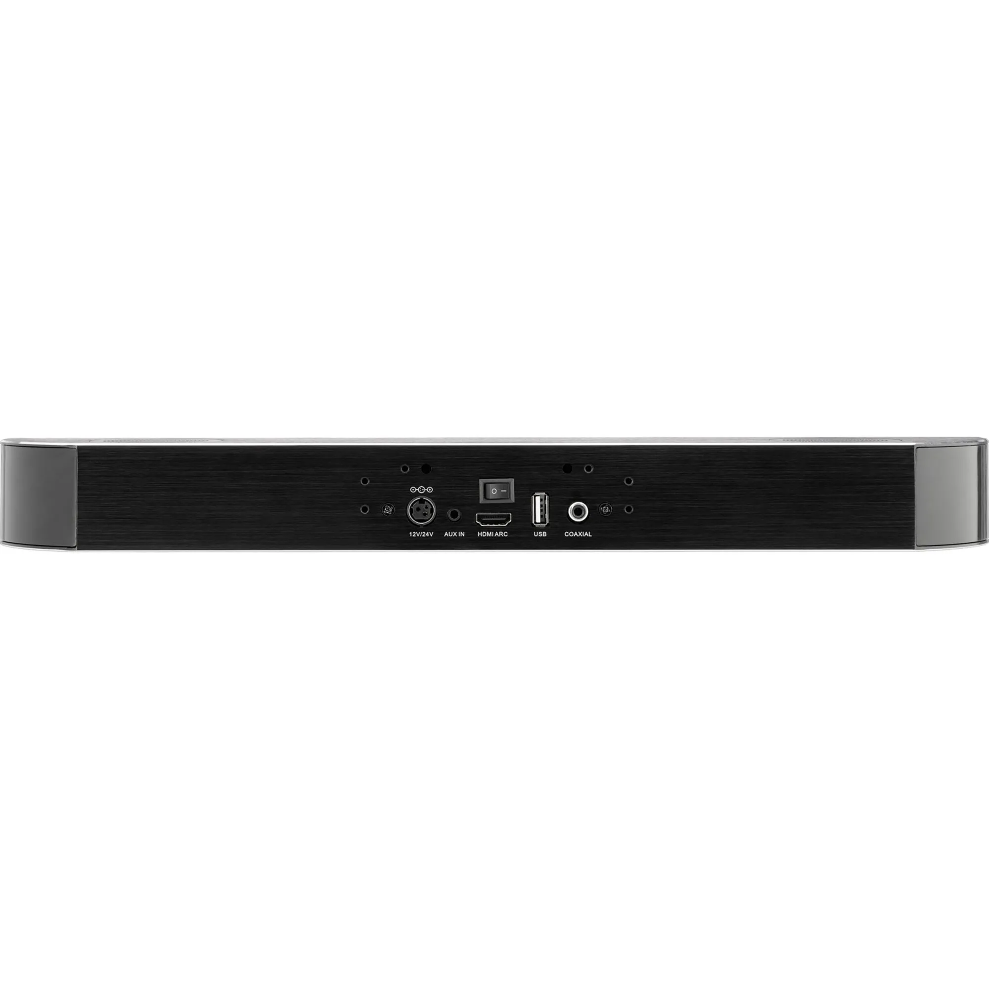 Oyster® Soundbar in schwarzer, länglicher Bauform mit seitlichen silbernen Abdeckungen und Anschlüssen auf der Rückseite