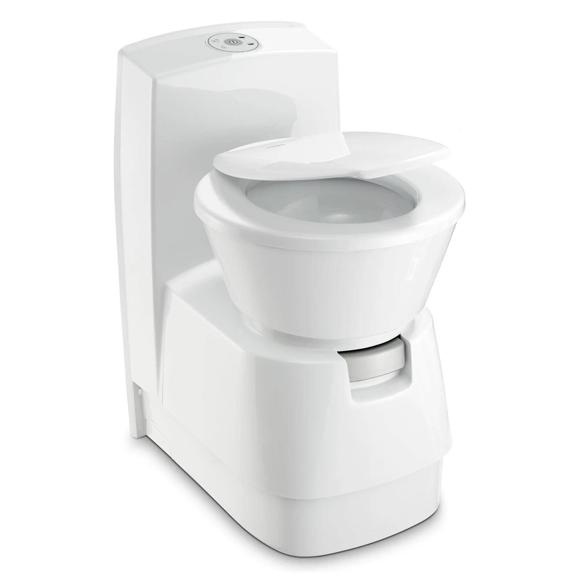 Weiße Cassettentoilette CT 4000 mit geöffnetem Sitz, Spülwassertank CTW 4110 und Bedienfeld am oberen Tank geschniegelt