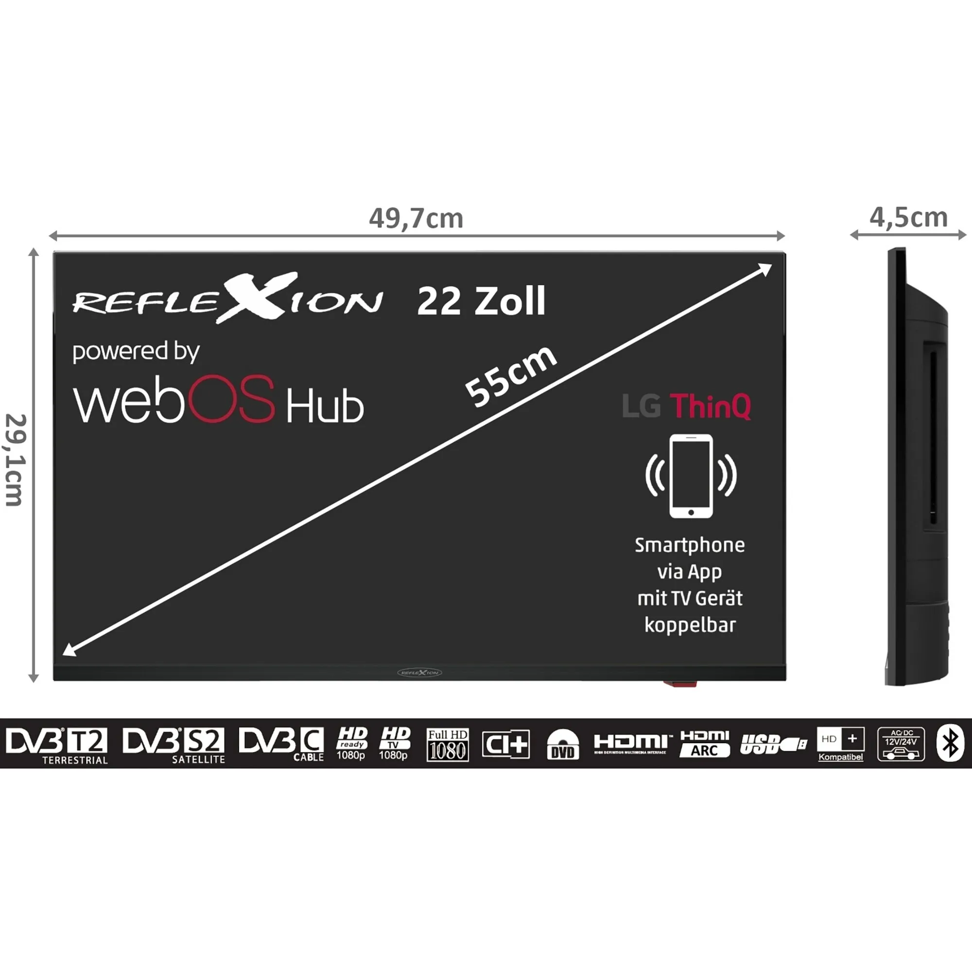 Schwarzer 22-Zoll Fernseher im Karton mit Maßangaben Breite 49,7 cm Höhe ca. 29,1 cm Tiefe 4,5 cm Frontbanner zeigt WebOS Hub, LG ThinQ und DVB-Logos