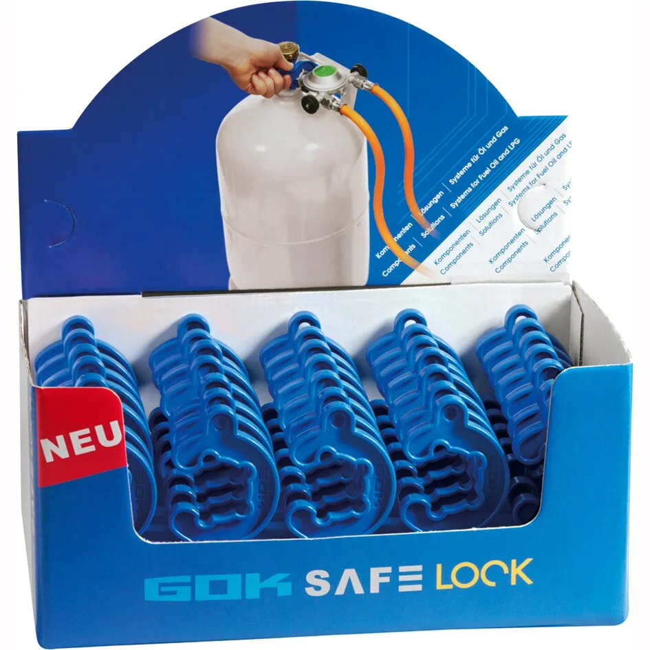Blauer MiniTool-Gasflaschenschlüssel für Kleinflaschenregler in einer Verkaufsbox mit zahlreichen Exemplaren vor einer Gasflasche